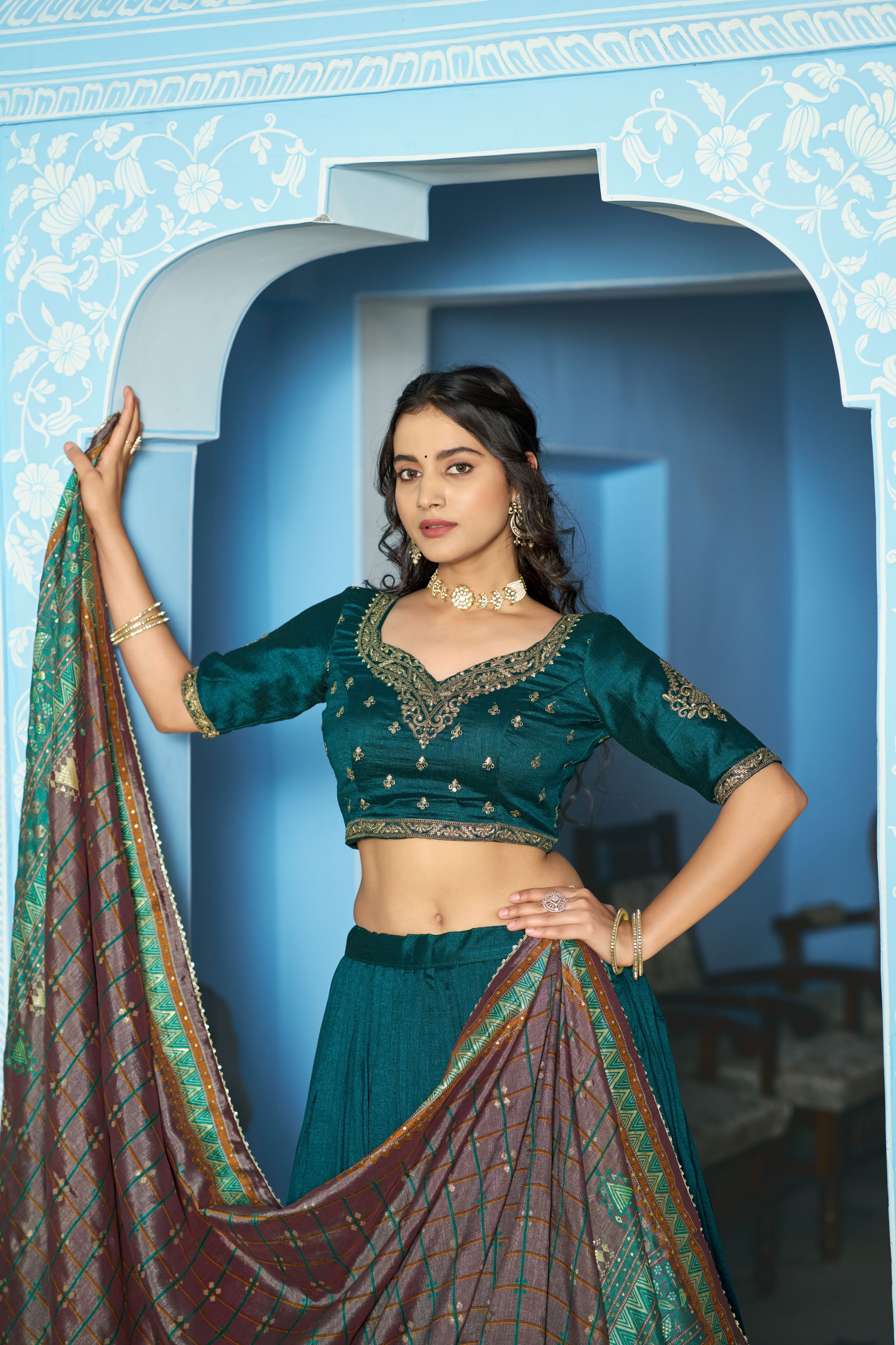 Vichitra Silk Thread Embroidered Lehenga With Dupatta