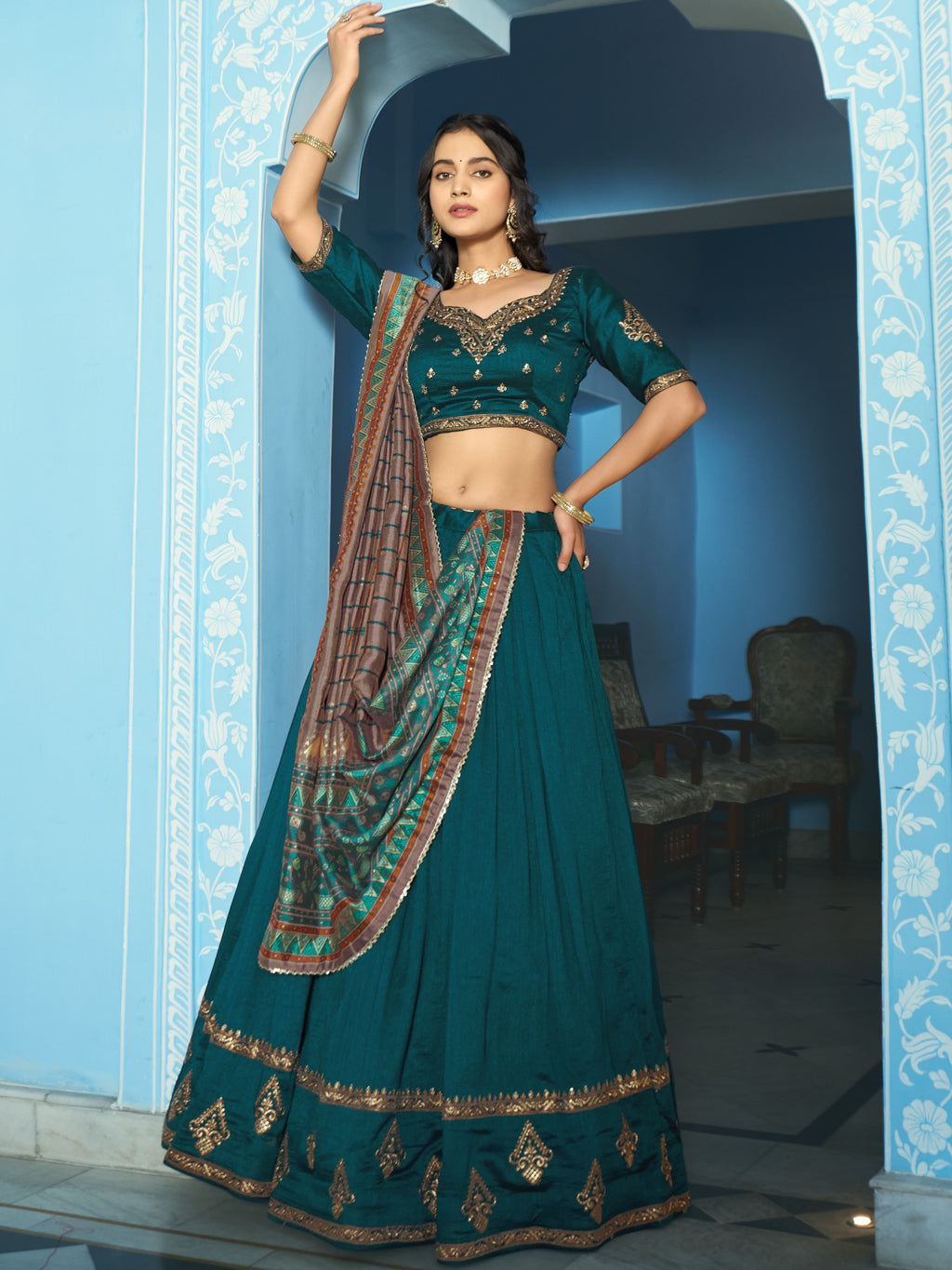 Vichitra Silk Thread Embroidered Lehenga With Dupatta