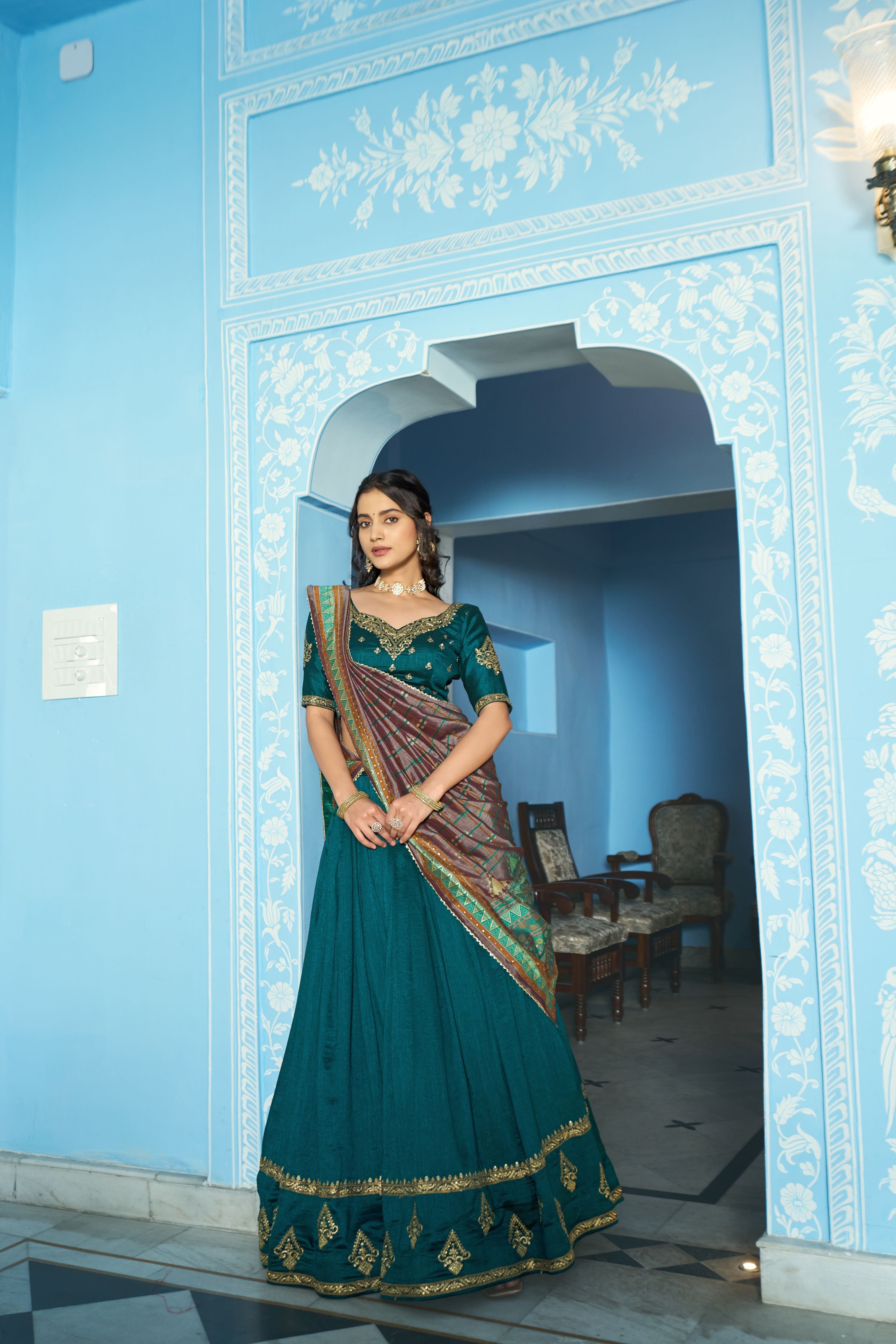 Vichitra Silk Thread Embroidered Lehenga With Dupatta