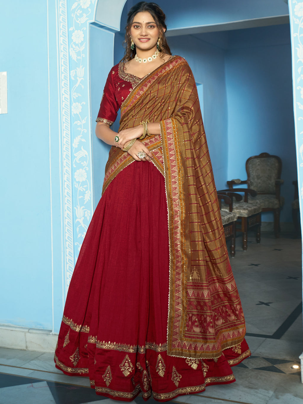 Vichitra Silk Thread Embroidered Lehenga With Dupatta
