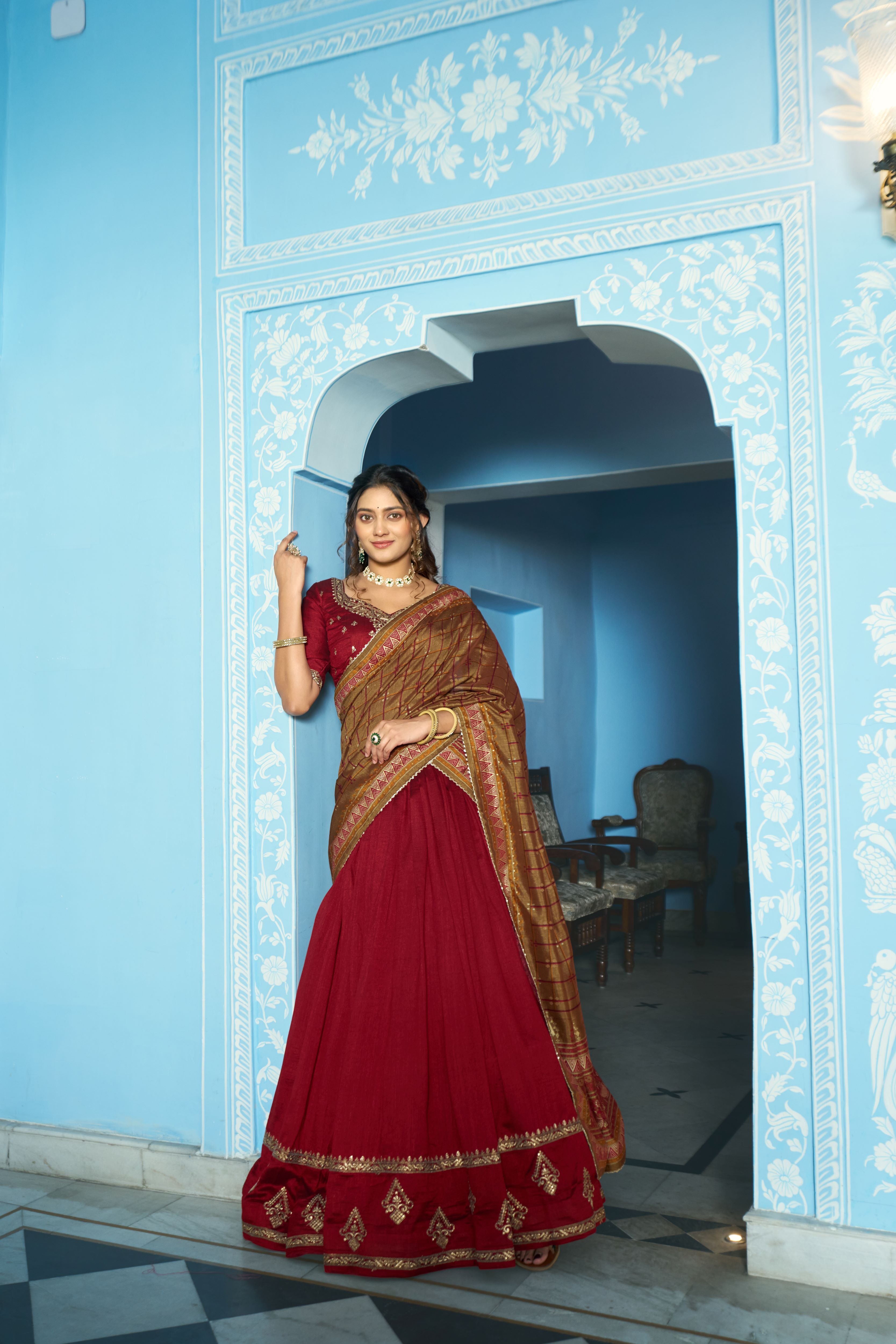 Vichitra Silk Thread Embroidered Lehenga With Dupatta