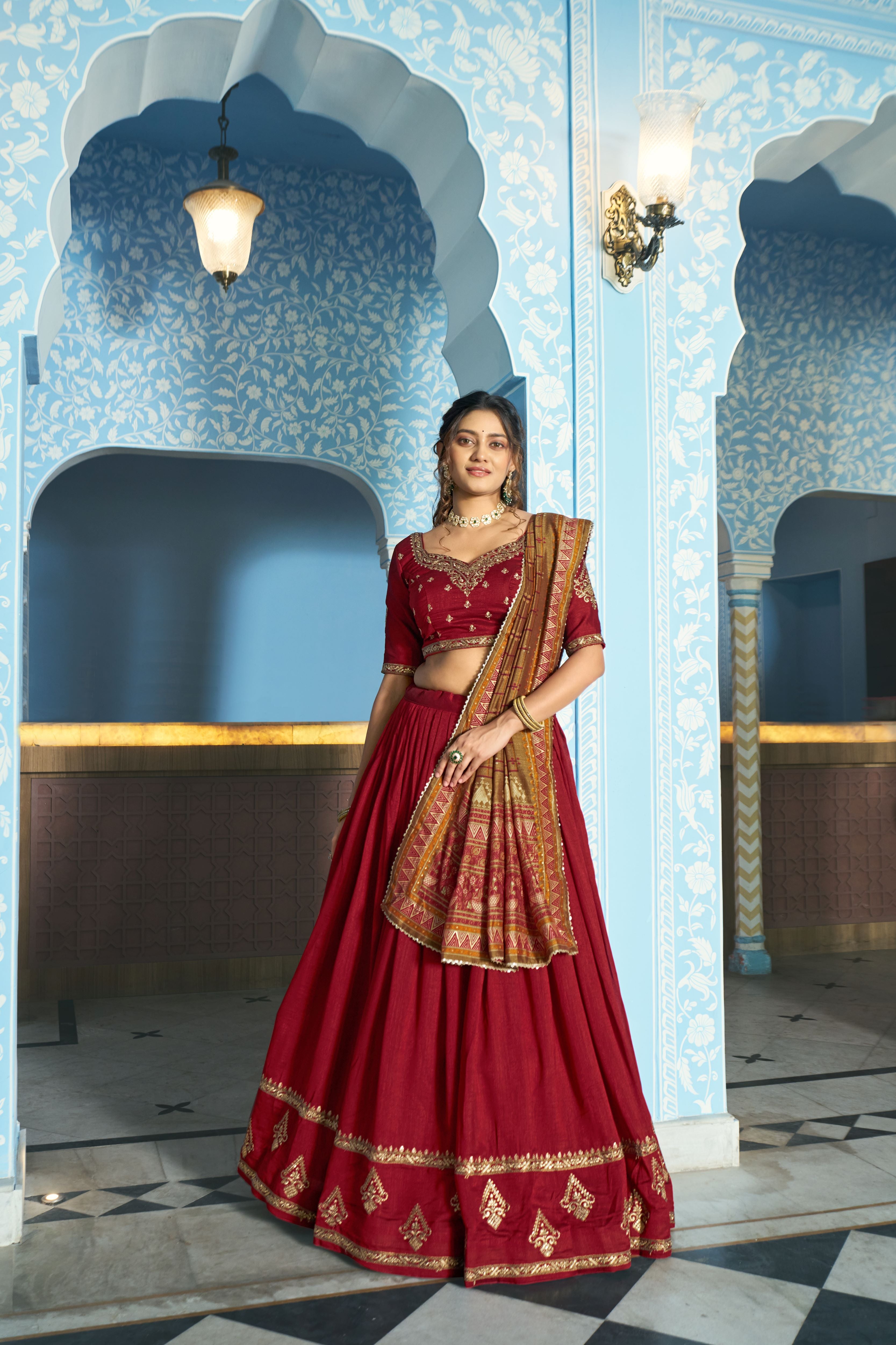 Vichitra Silk Thread Embroidered Lehenga With Dupatta