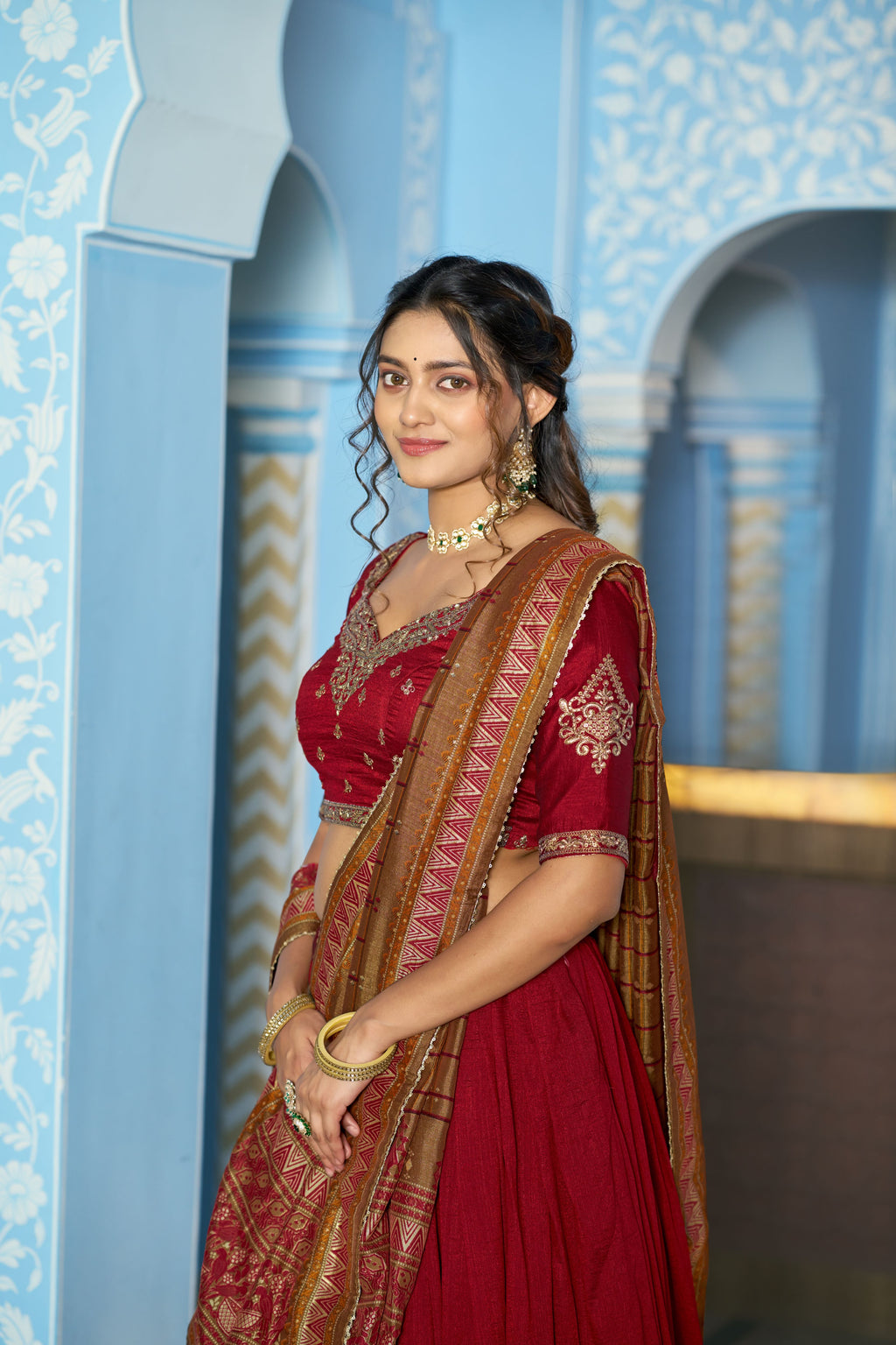 Vichitra Silk Thread Embroidered Lehenga With Dupatta
