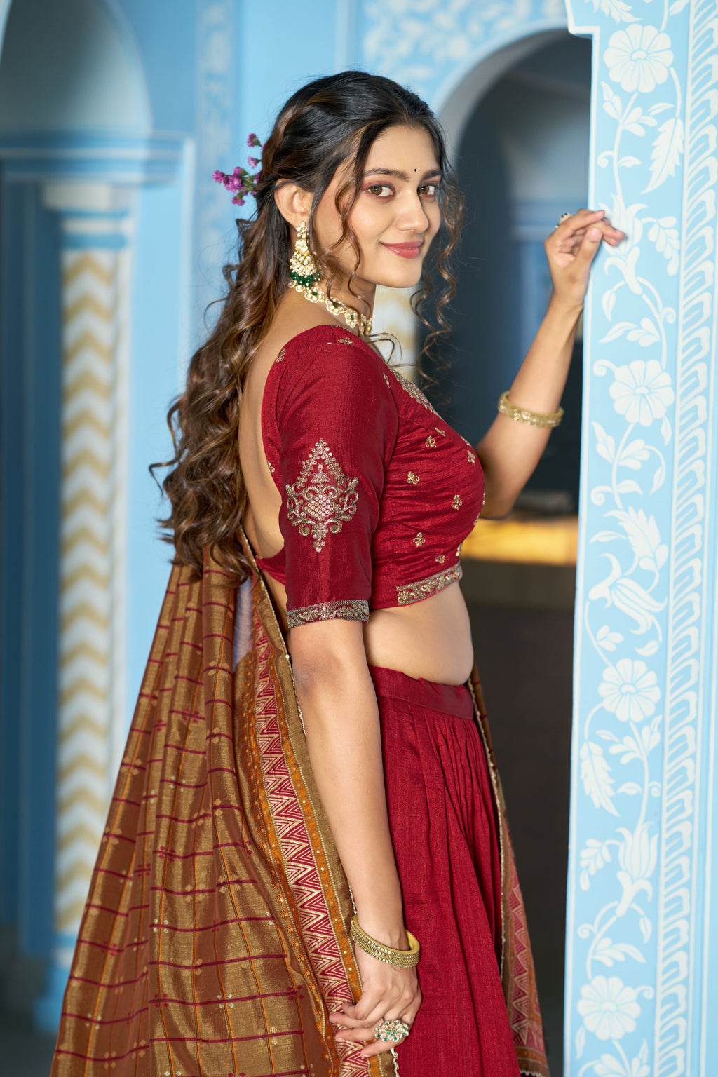 Vichitra Silk Thread Embroidered Lehenga With Dupatta