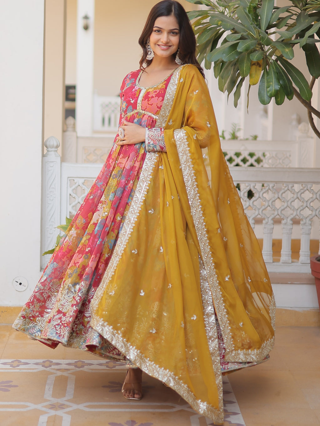 Russian Silk Embroidered Gown With Dupatta