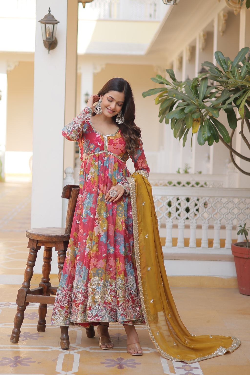 Russian Silk Embroidered Gown With Dupatta