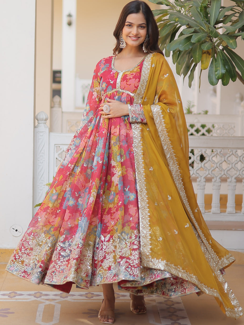 Russian Silk Embroidered Gown With Dupatta