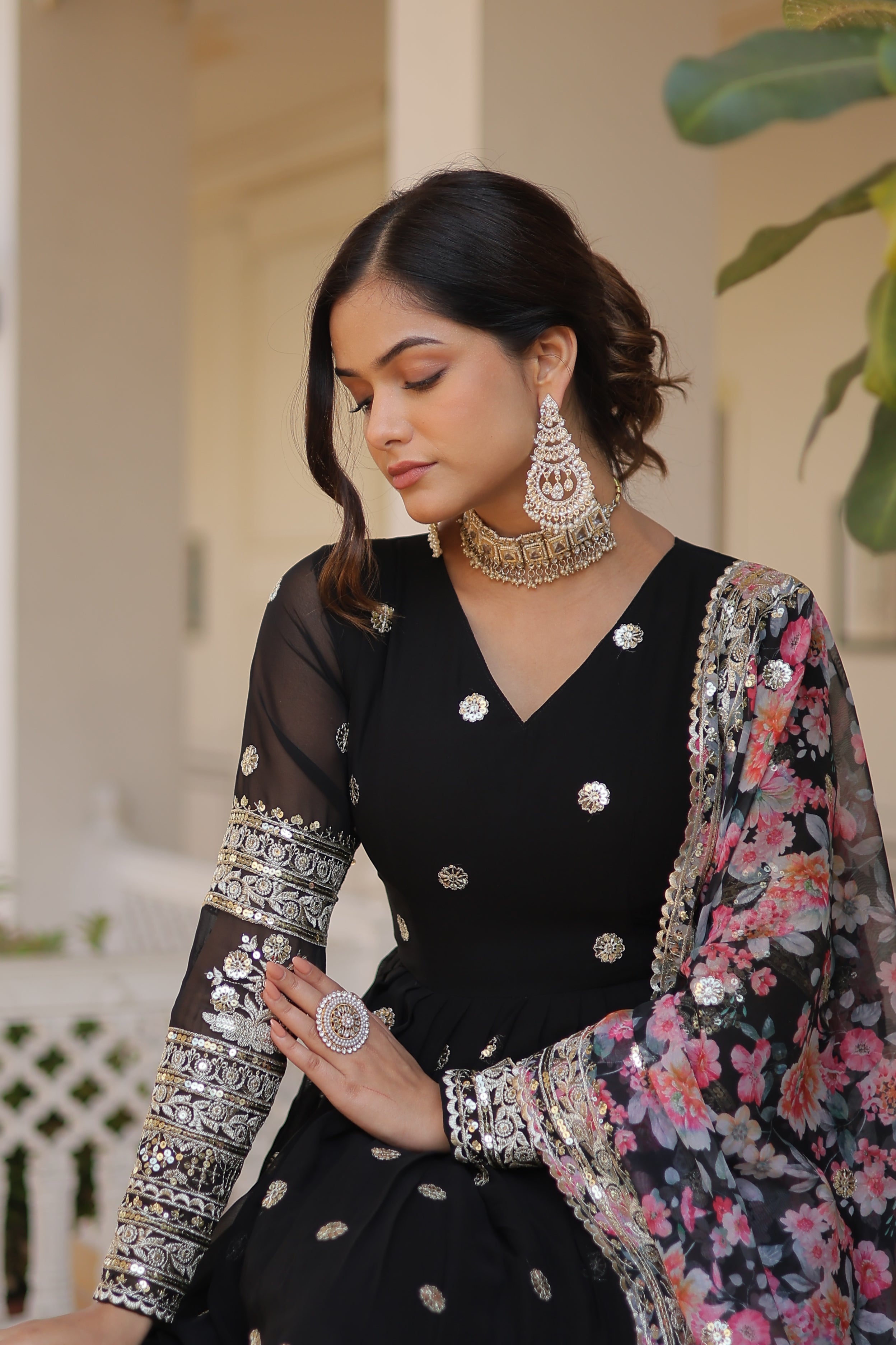 Faux Georgette Embroidered Gown With Tabby Silk Dupatta