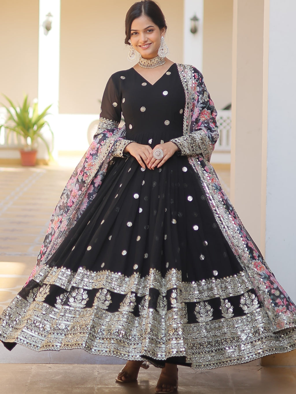 Faux Georgette Embroidered Gown With Tabby Silk Dupatta