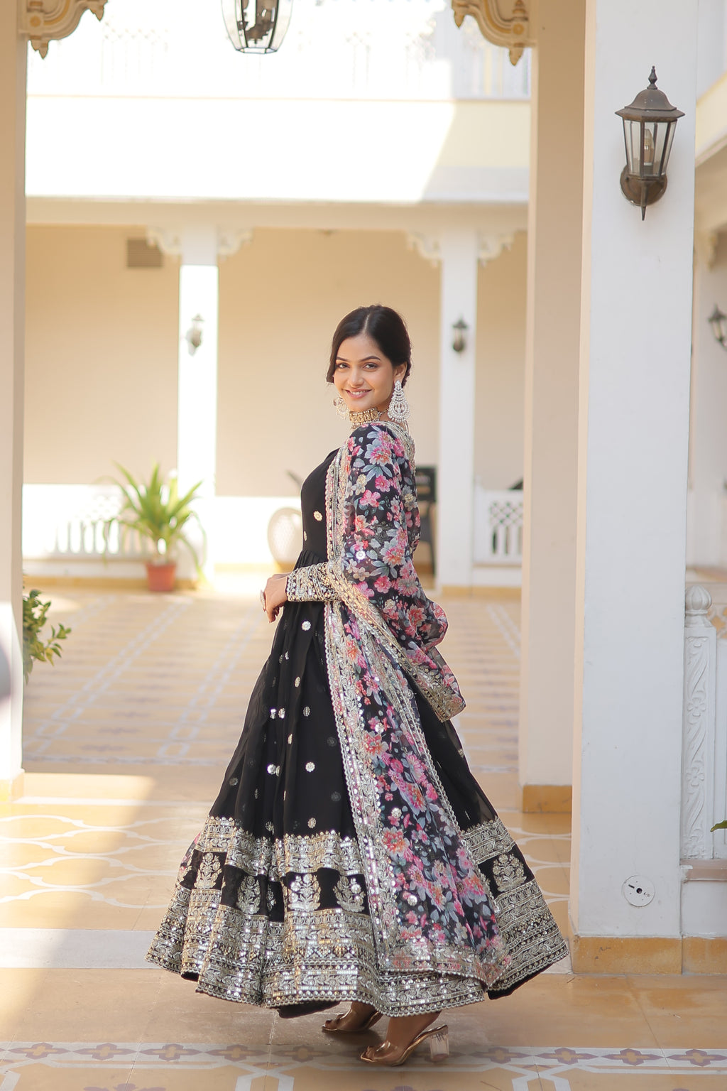 Faux Georgette Embroidered Gown With Tabby Silk Dupatta