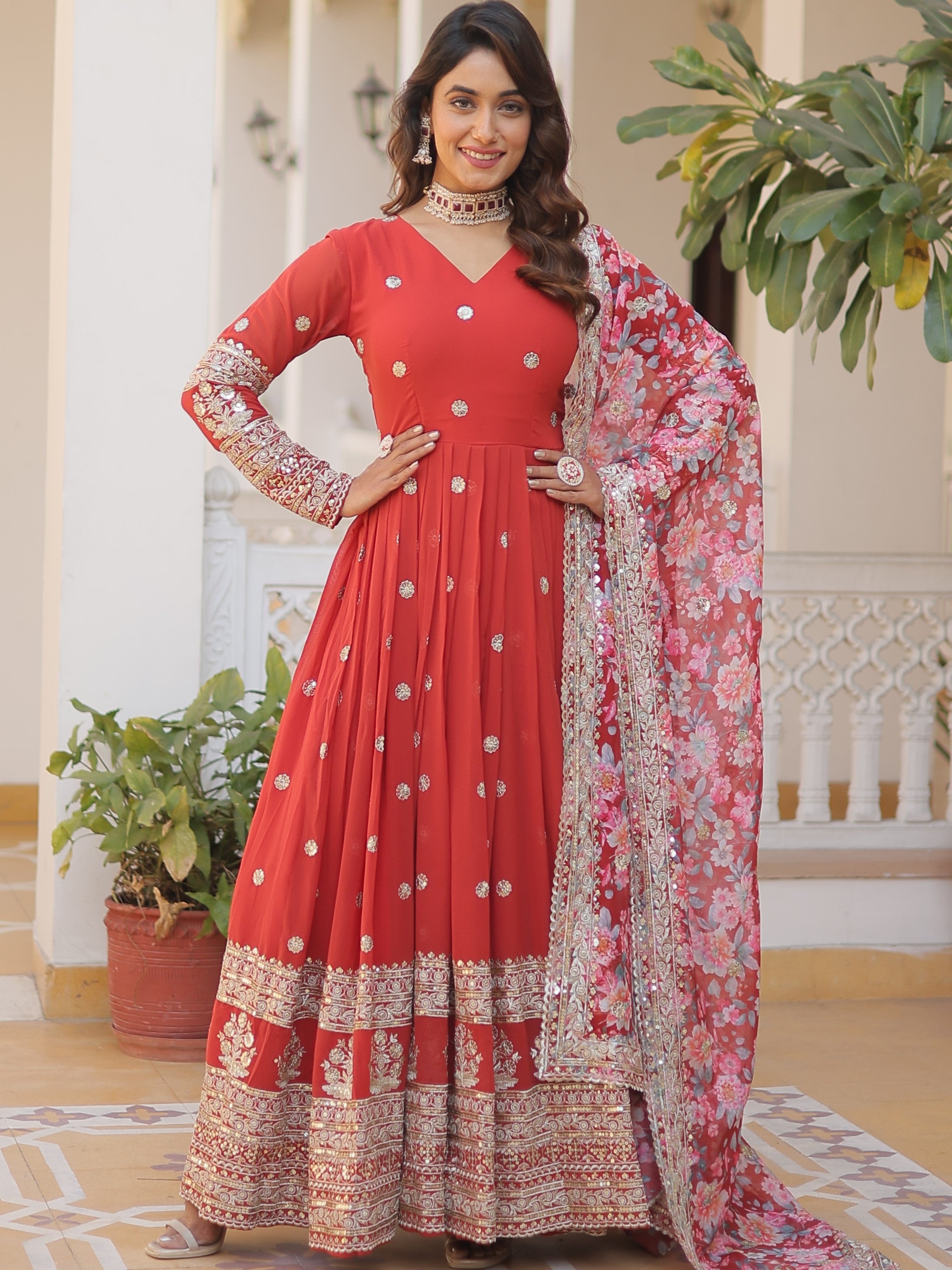 Faux Georgette Embroidered Gown With Tabby Silk Dupatta