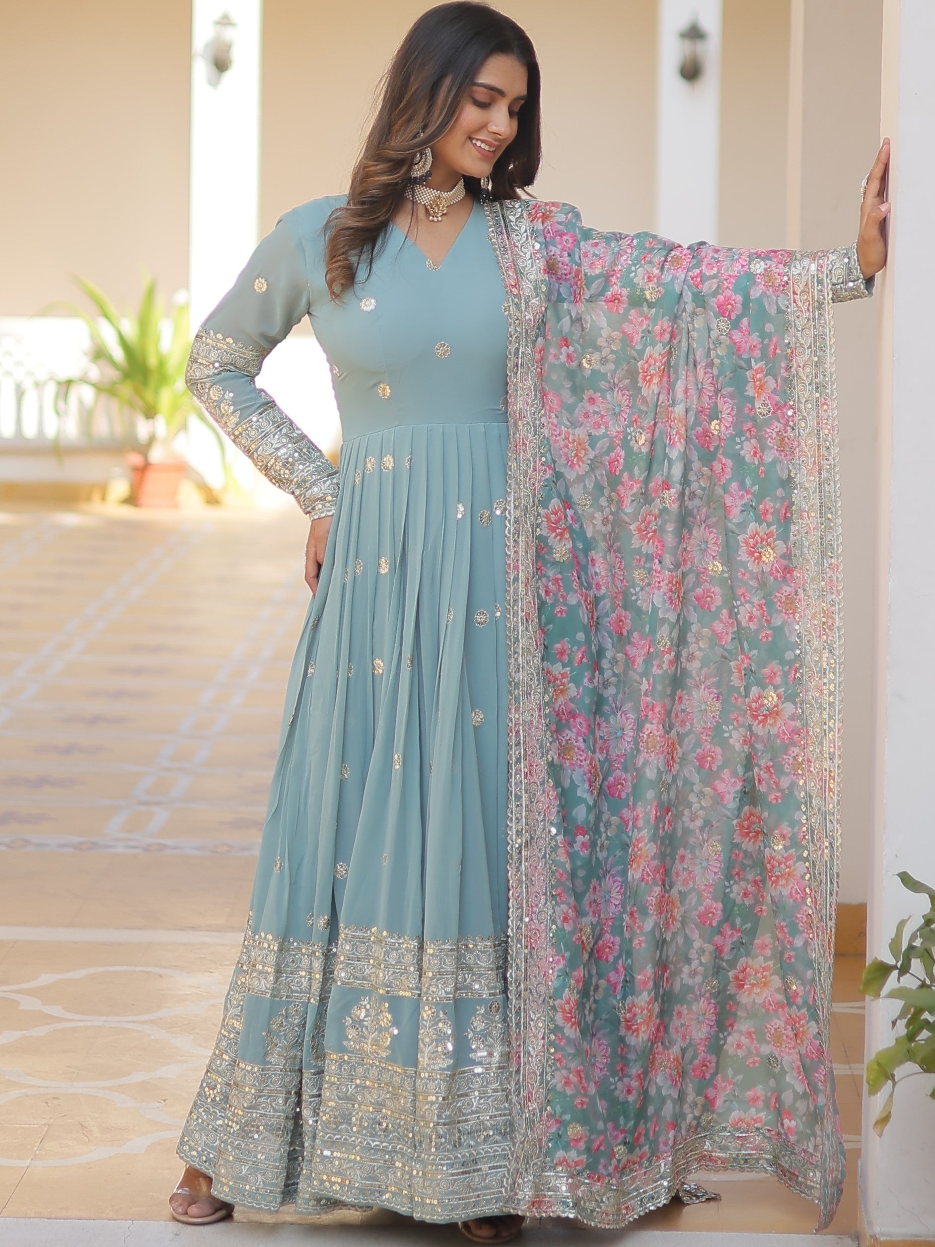 Faux Georgette Embroidered Gown With Tabby Silk Dupatta