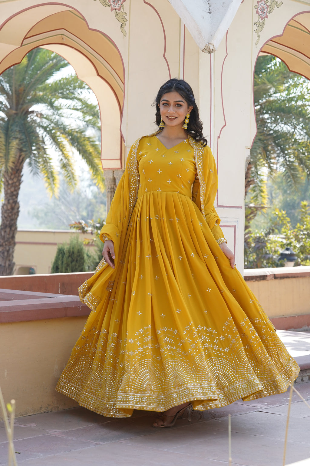 Faux Georgette Zari Embroidered Gown With Dupatta