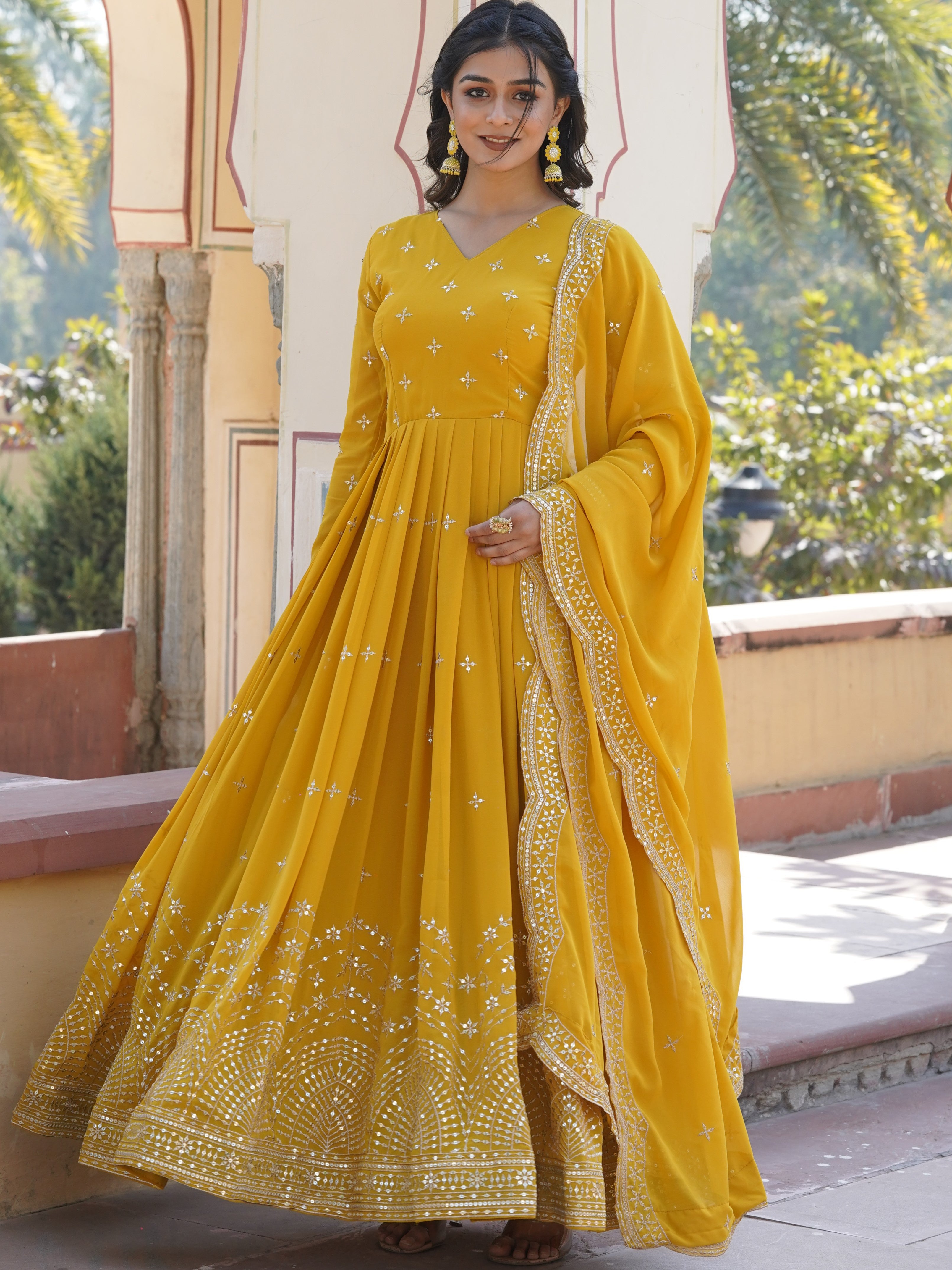 Faux Georgette Zari Embroidered Gown With Dupatta