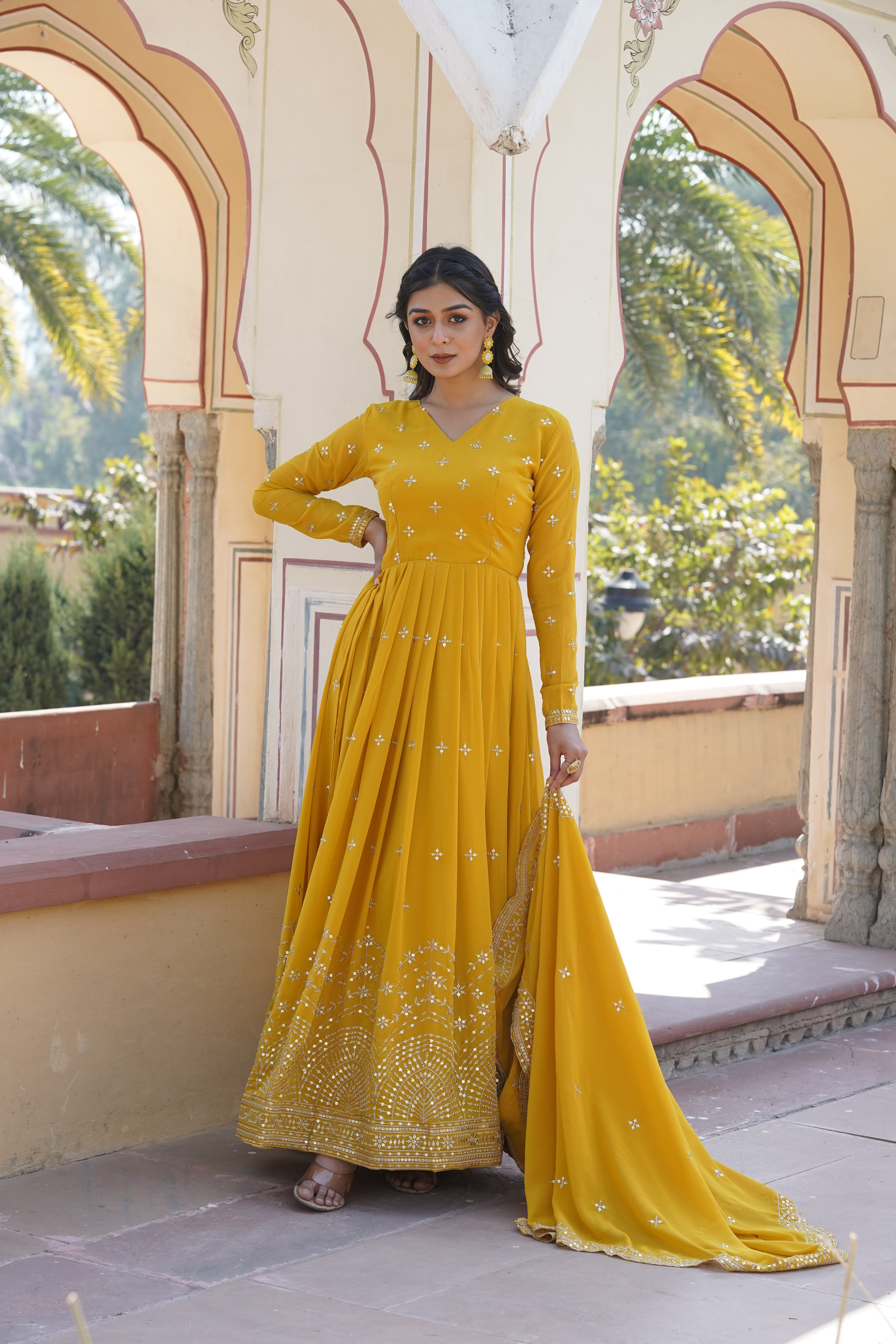 Faux Georgette Zari Embroidered Gown With Dupatta
