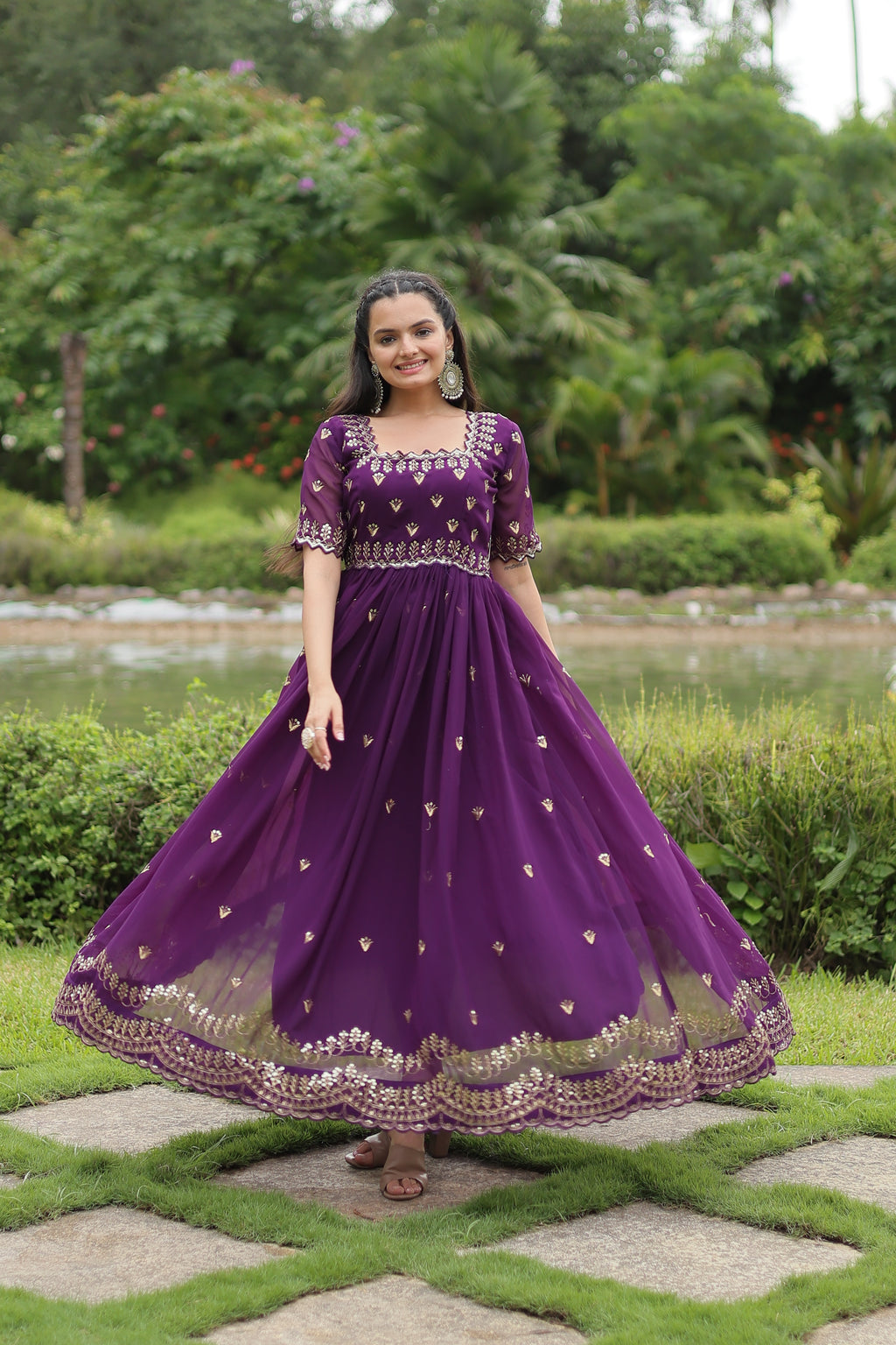Faux Georgette Zari Embroidered Gown