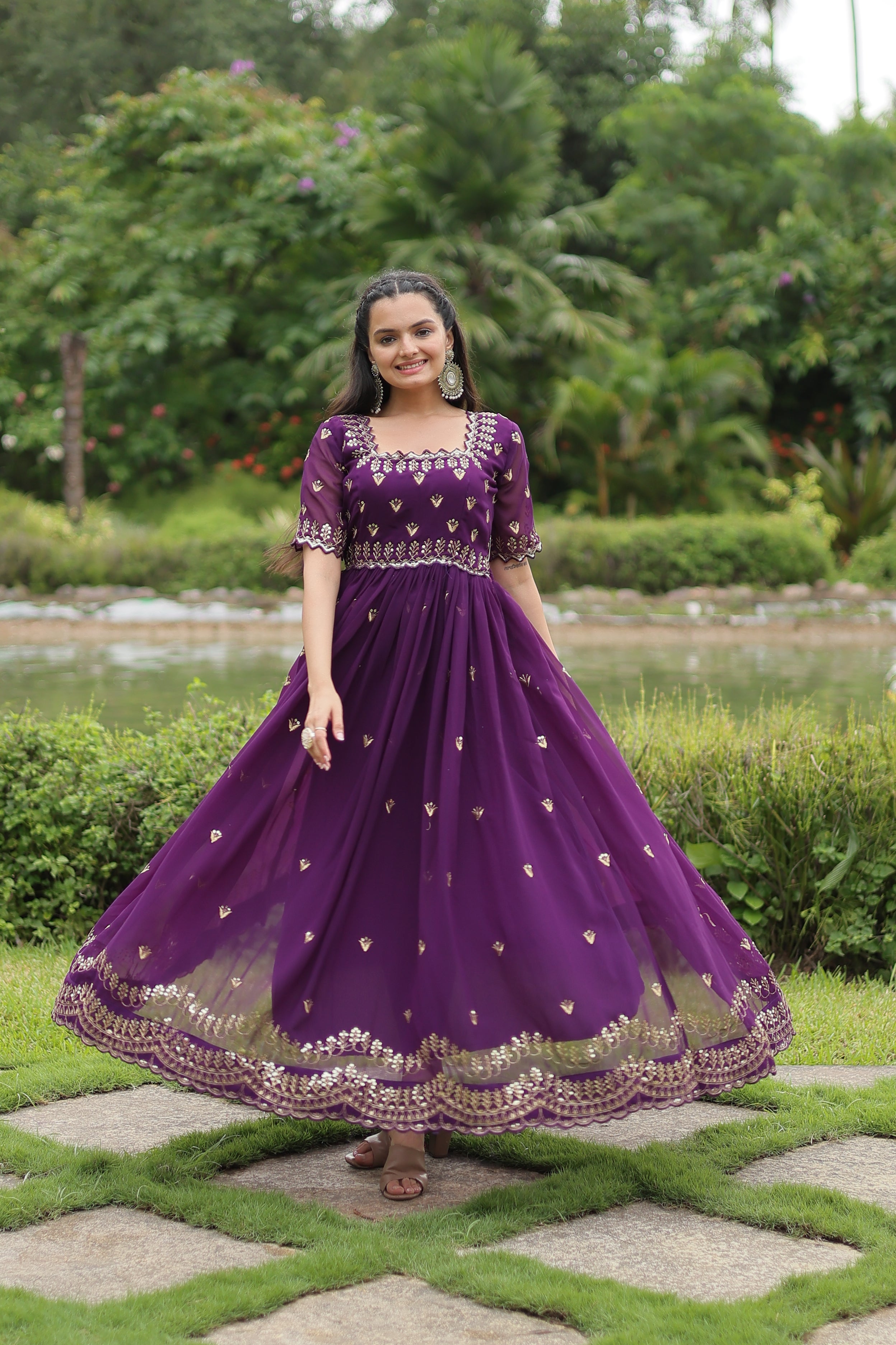 Faux Georgette Zari Embroidered Gown