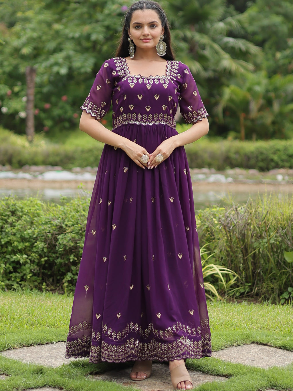 Faux Georgette Zari Embroidered Gown