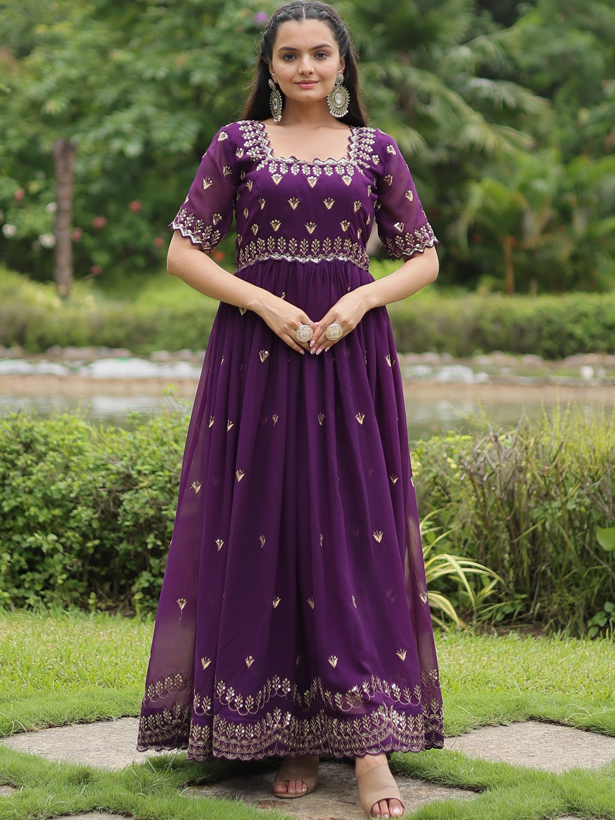 Faux Georgette Zari Embroidered Gown