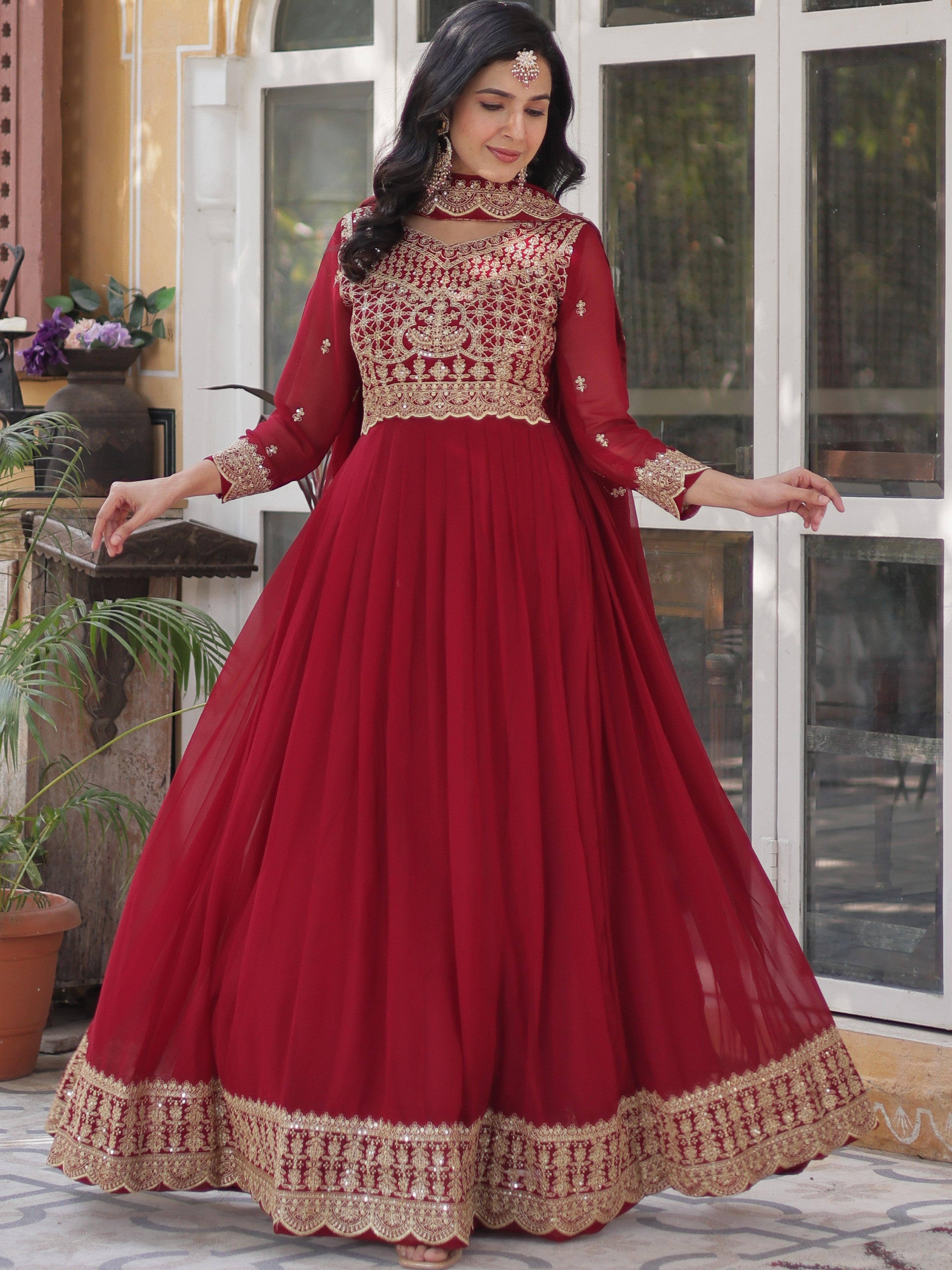 Faux Blooming Embroidered Gown With Dupatta