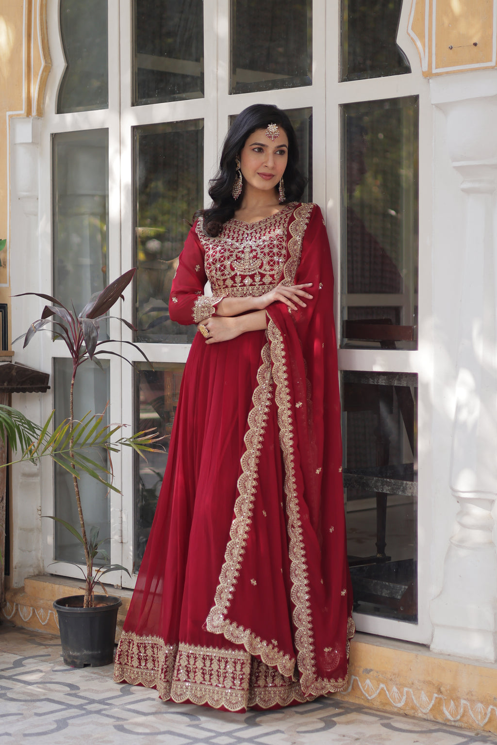Faux Blooming Embroidered Gown With Dupatta