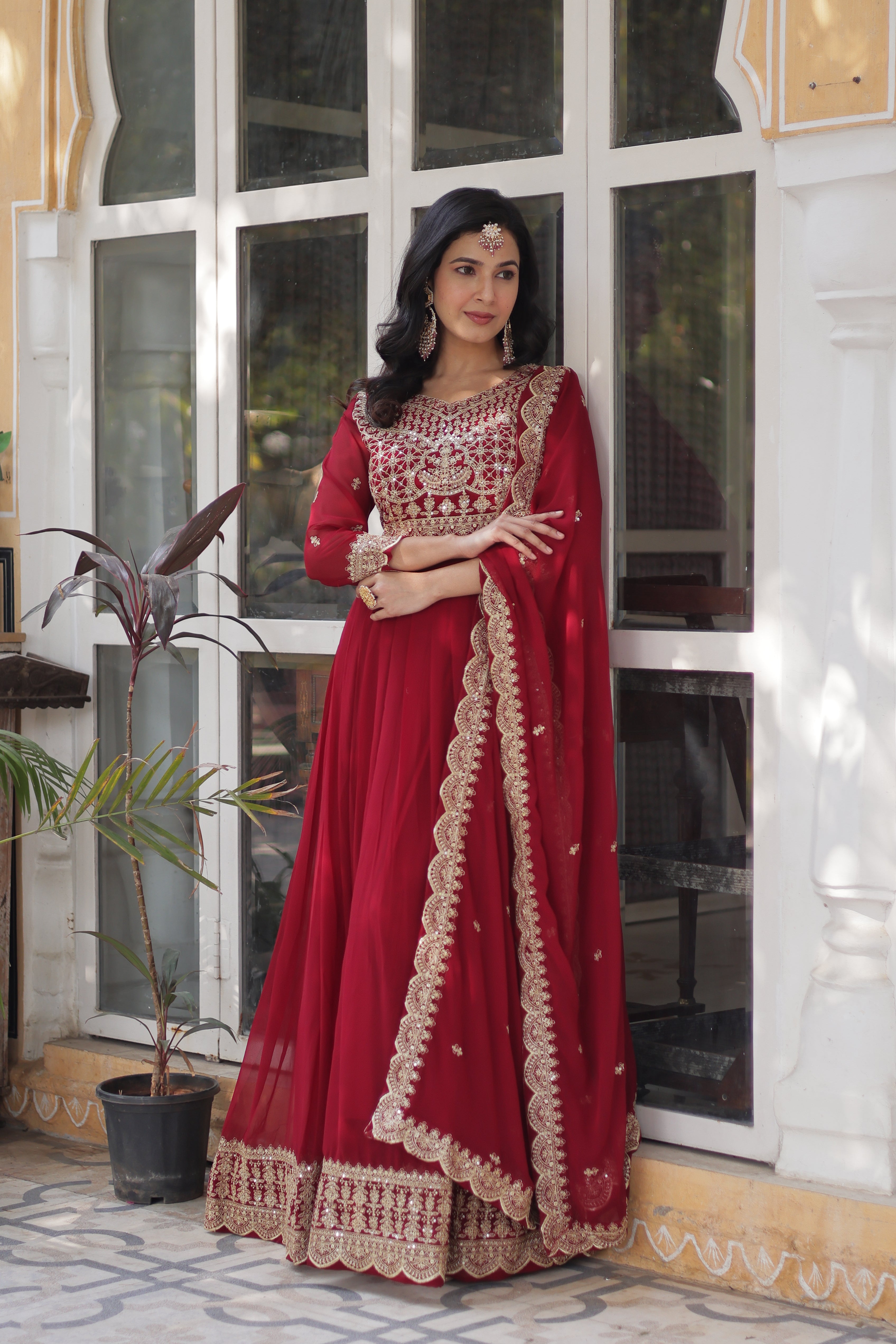 Faux Blooming Embroidered Gown With Dupatta