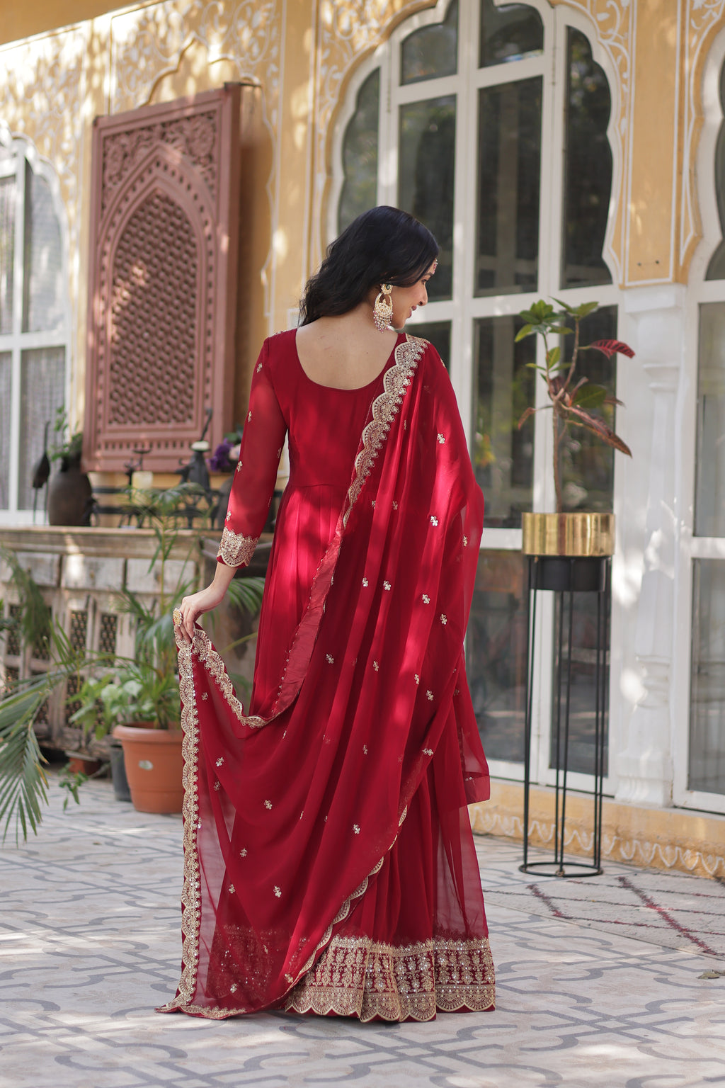 Faux Blooming Embroidered Gown With Dupatta