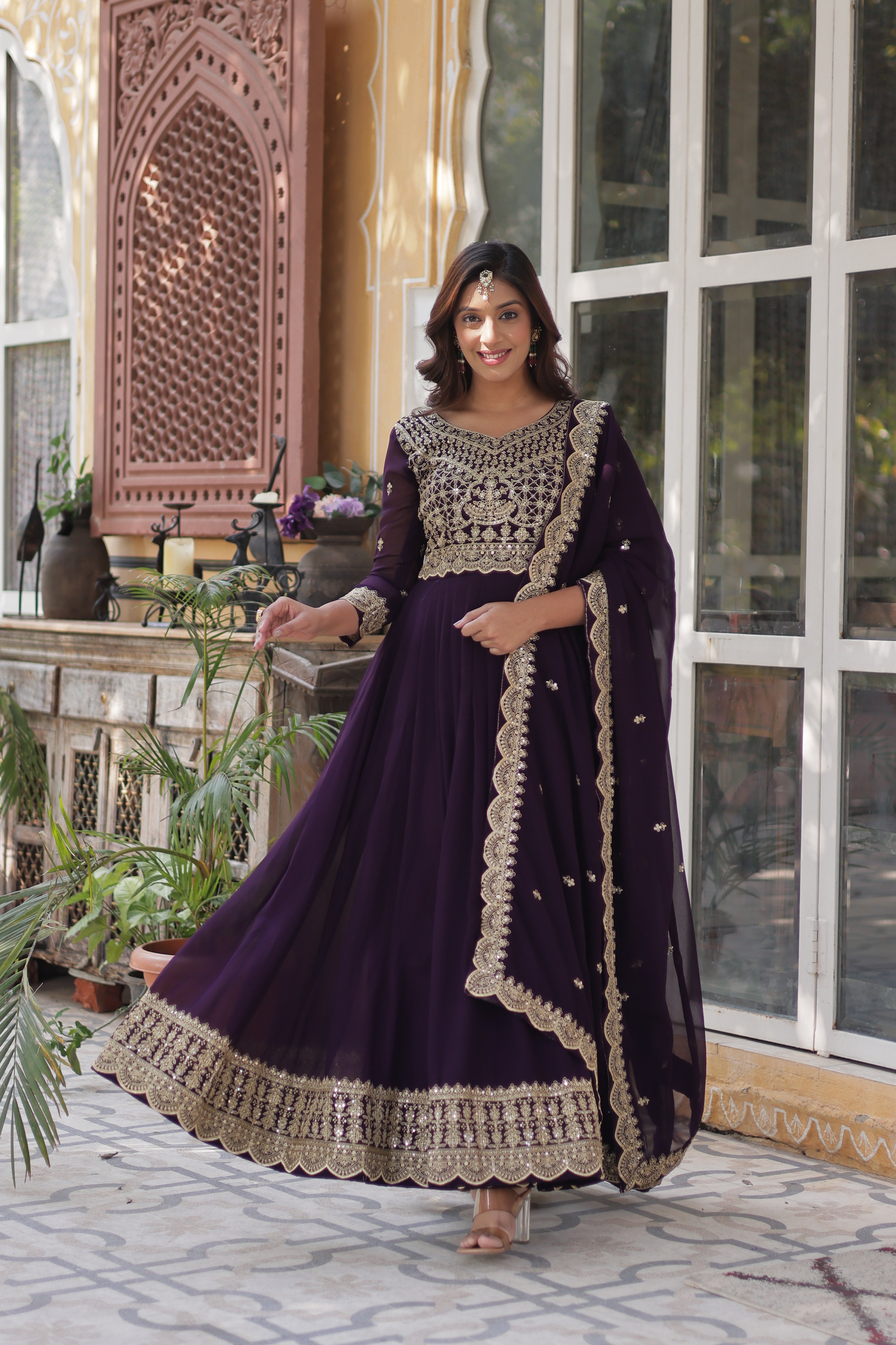 Faux Blooming Embroidered Gown With Dupatta
