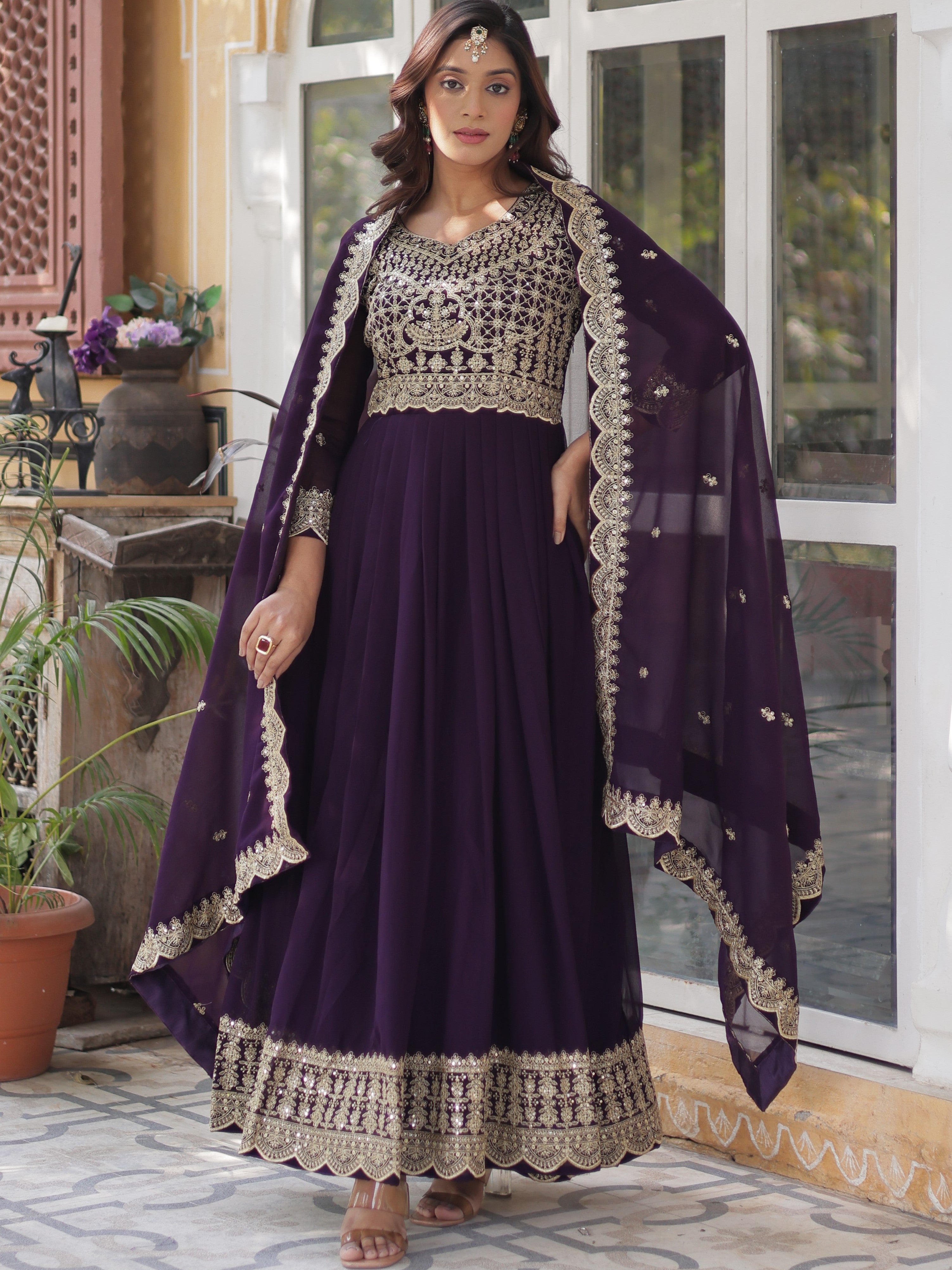 Faux Blooming Embroidered Gown With Dupatta