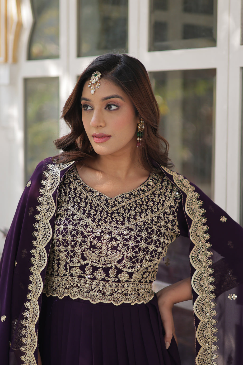 Faux Blooming Embroidered Gown With Dupatta