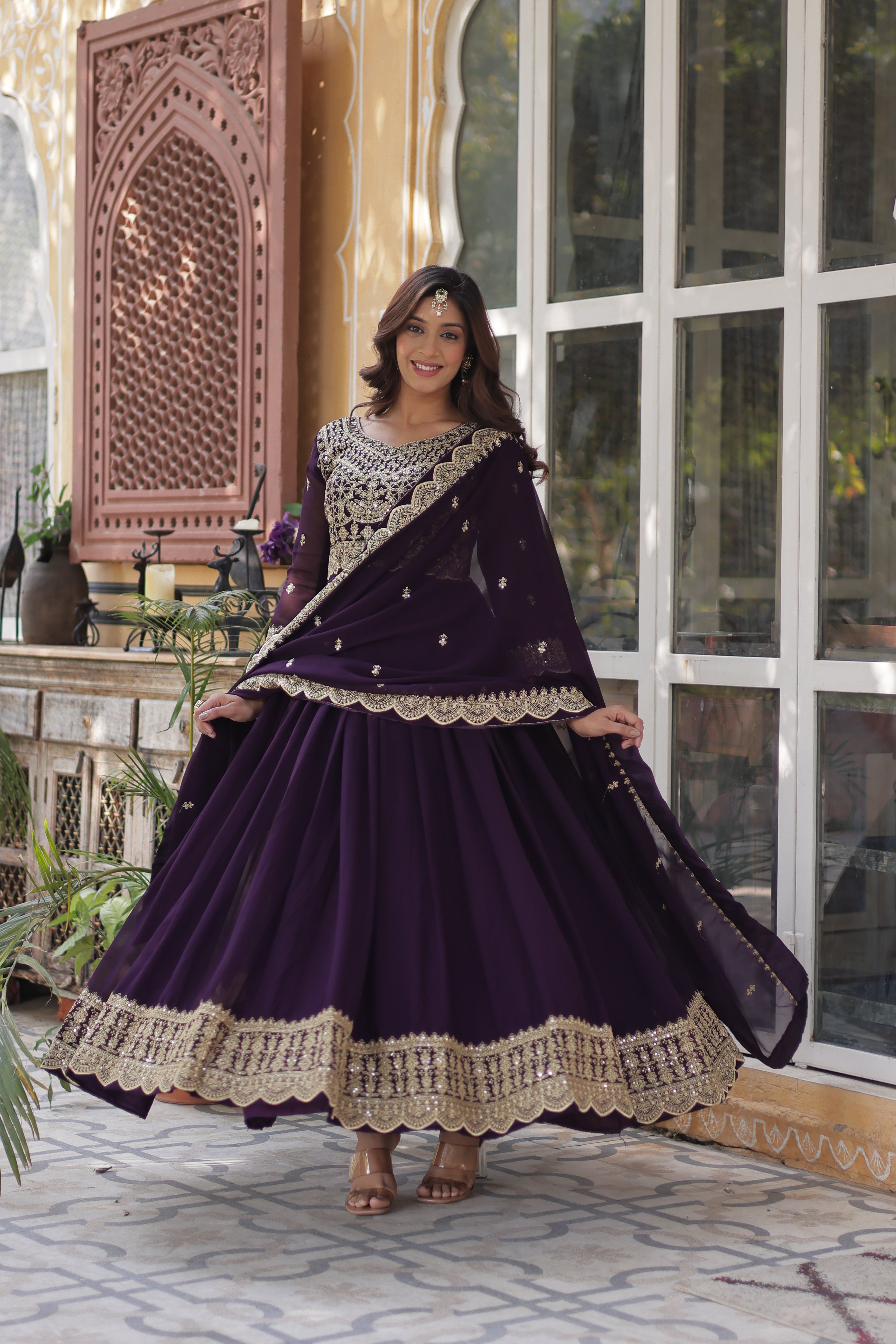 Faux Blooming Embroidered Gown With Dupatta