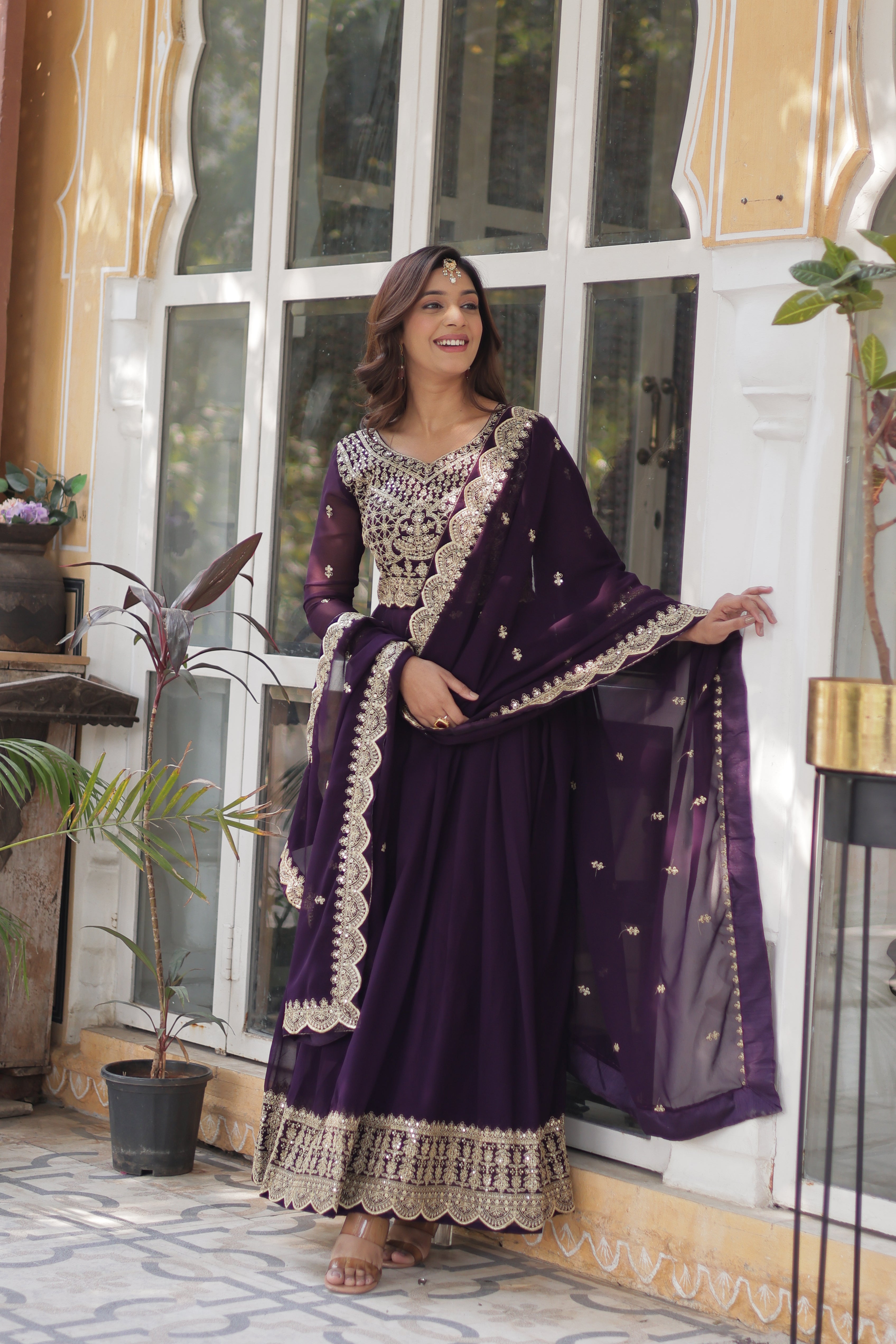 Faux Blooming Embroidered Gown With Dupatta
