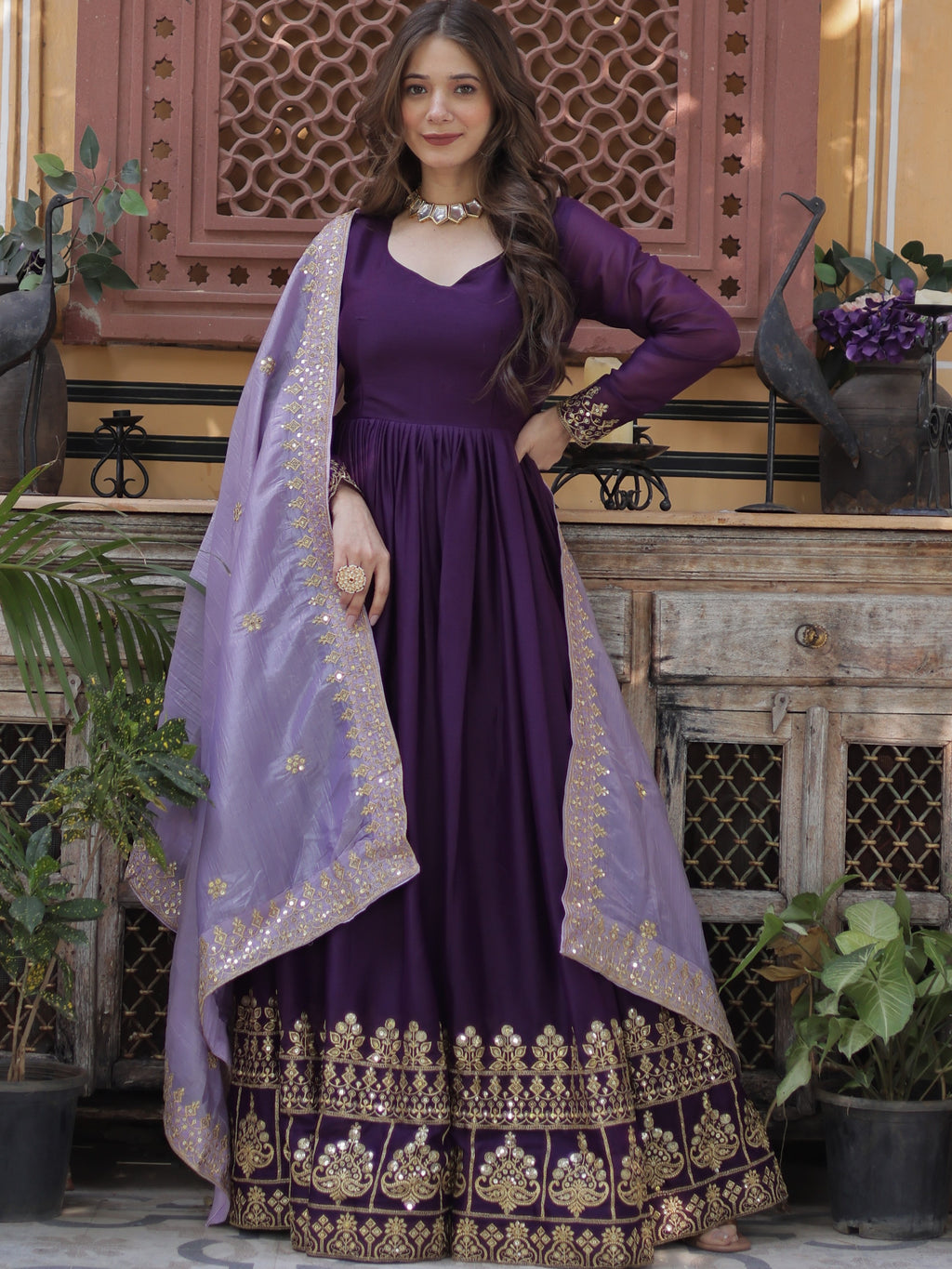 Star Georgette Embroidered Gown With Gold Crush Dupatta