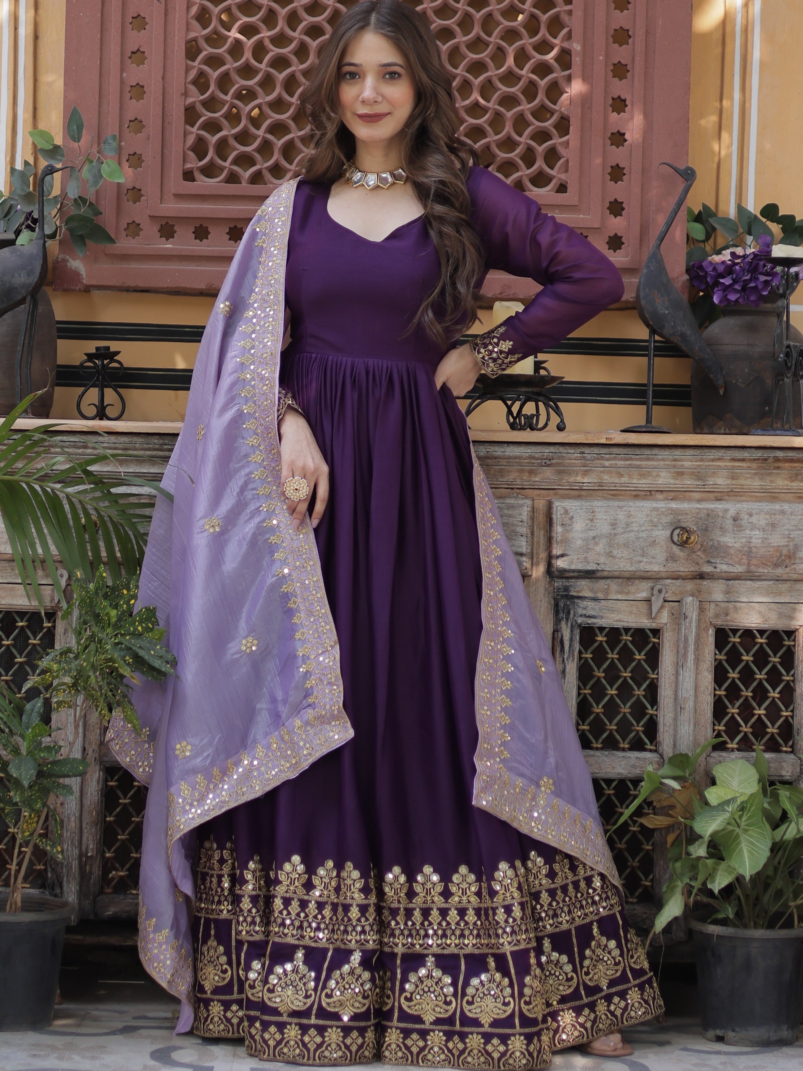 Star Georgette Embroidered Gown With Gold Crush Dupatta