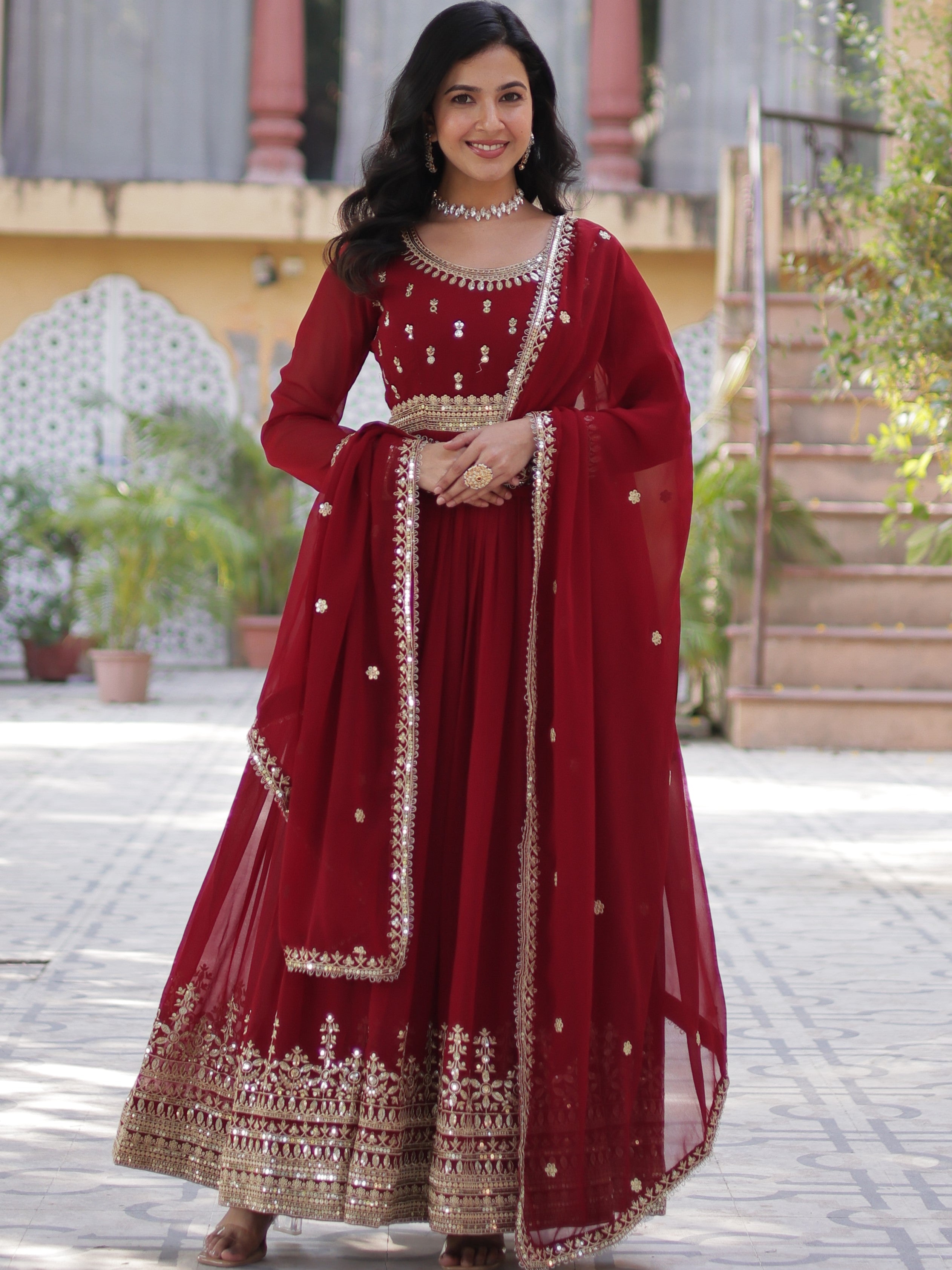 Faux Blooming Embroidered Gown With Dupatta