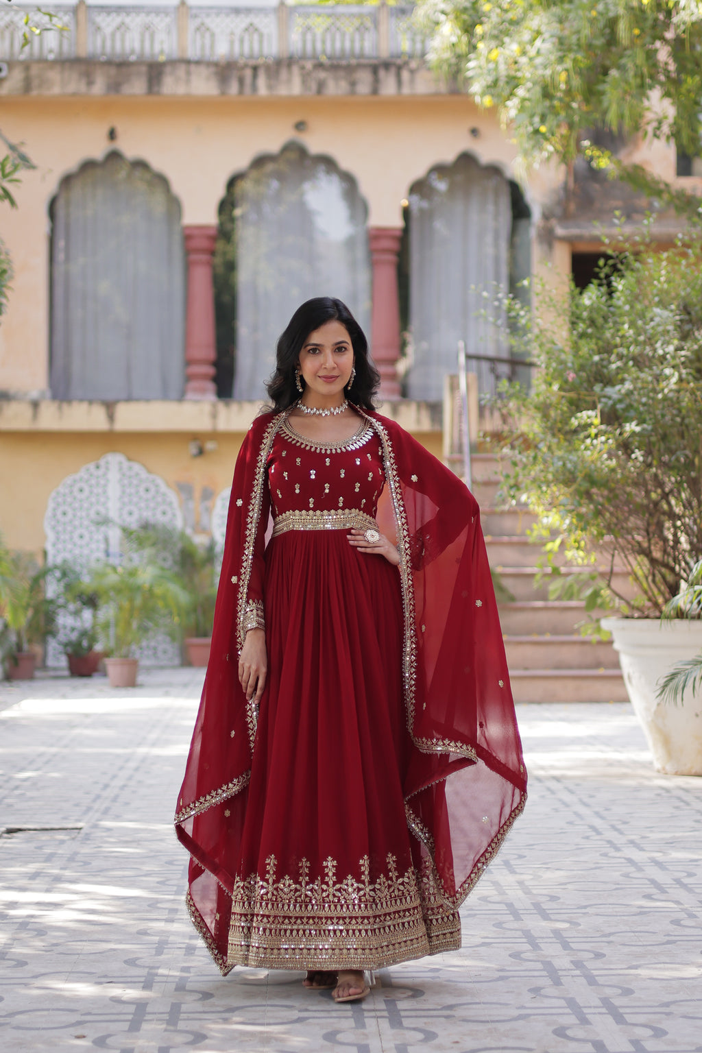 Faux Blooming Embroidered Gown With Dupatta
