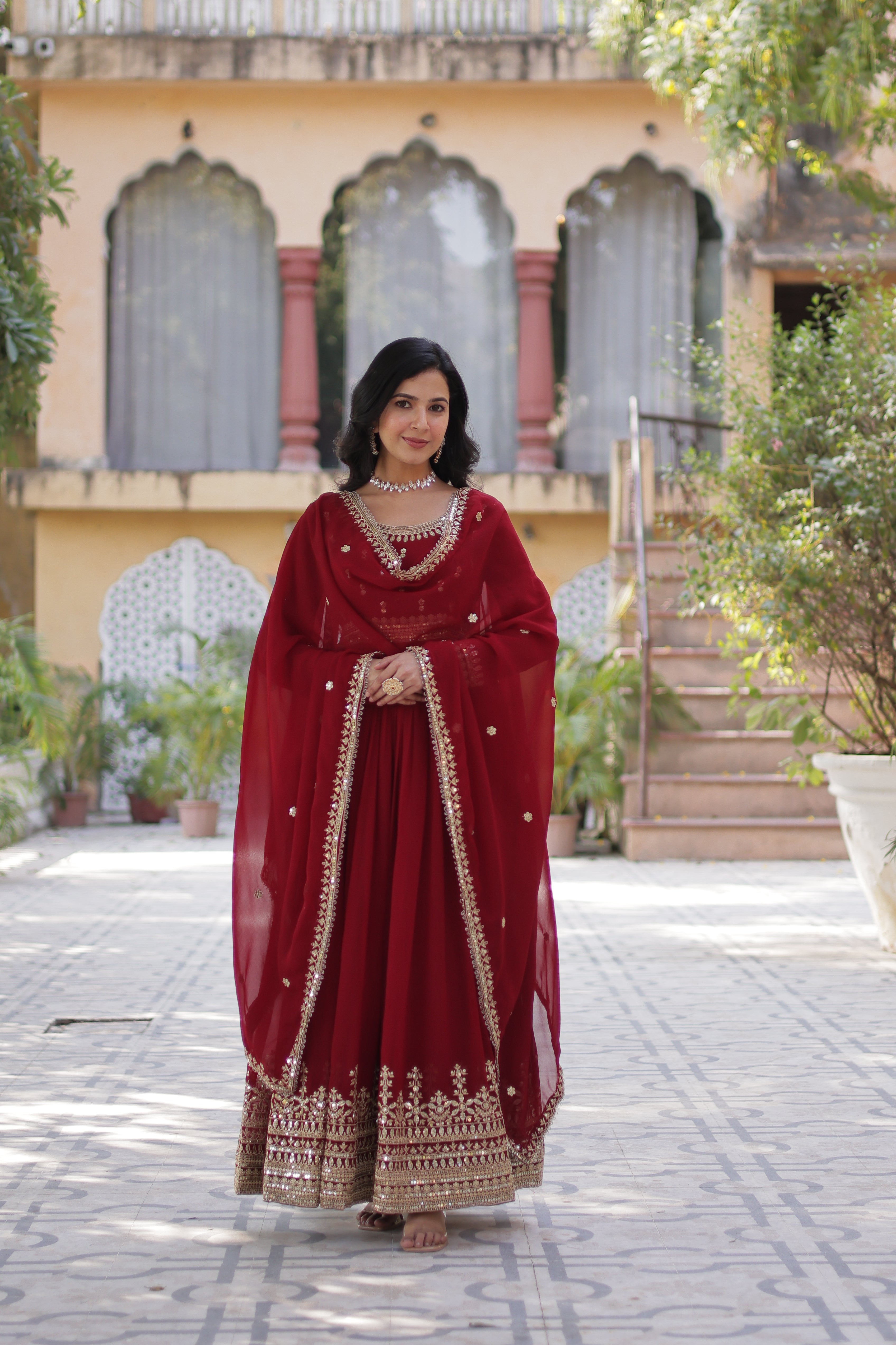 Faux Blooming Embroidered Gown With Dupatta