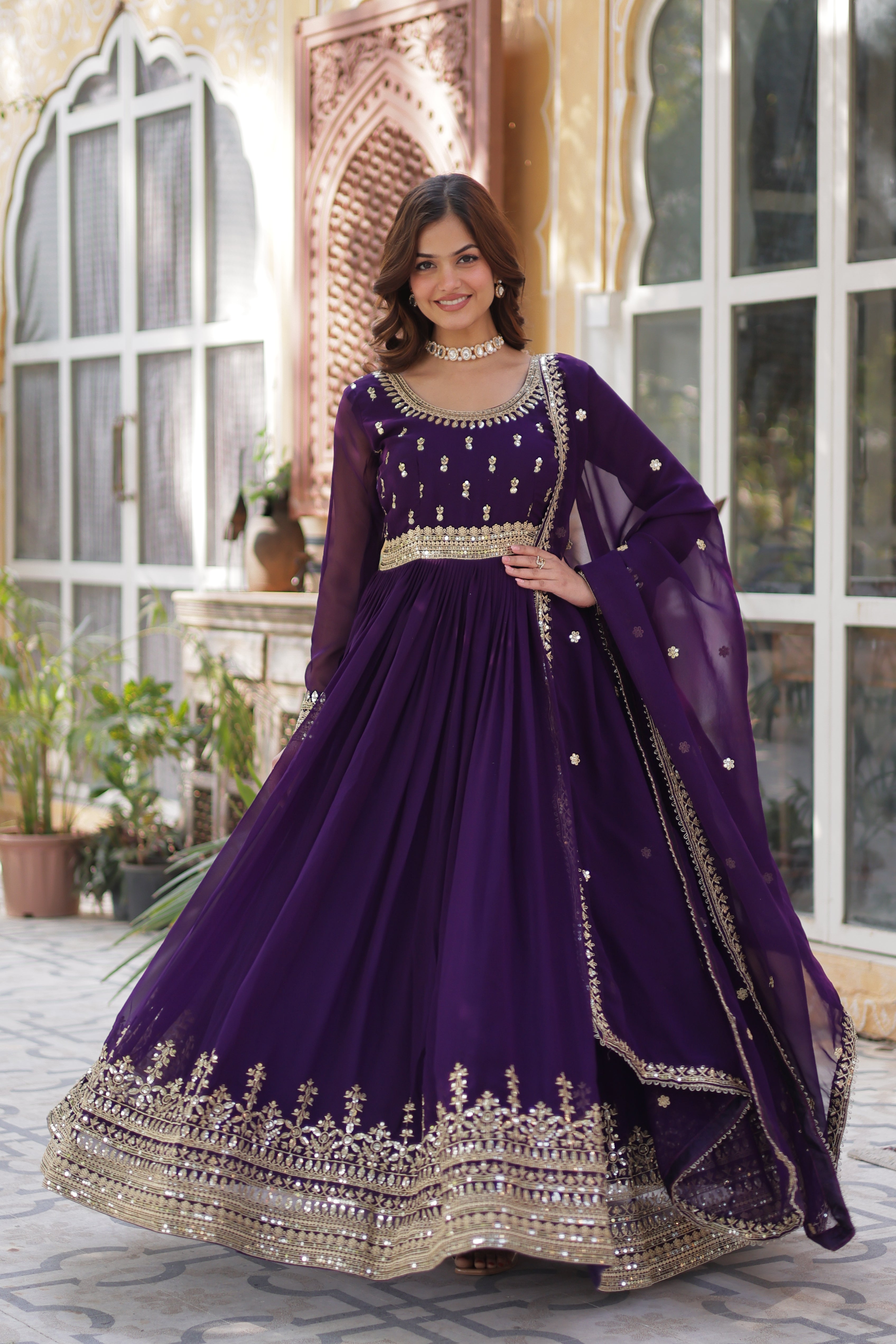 Faux Blooming Embroidered Gown With Dupatta