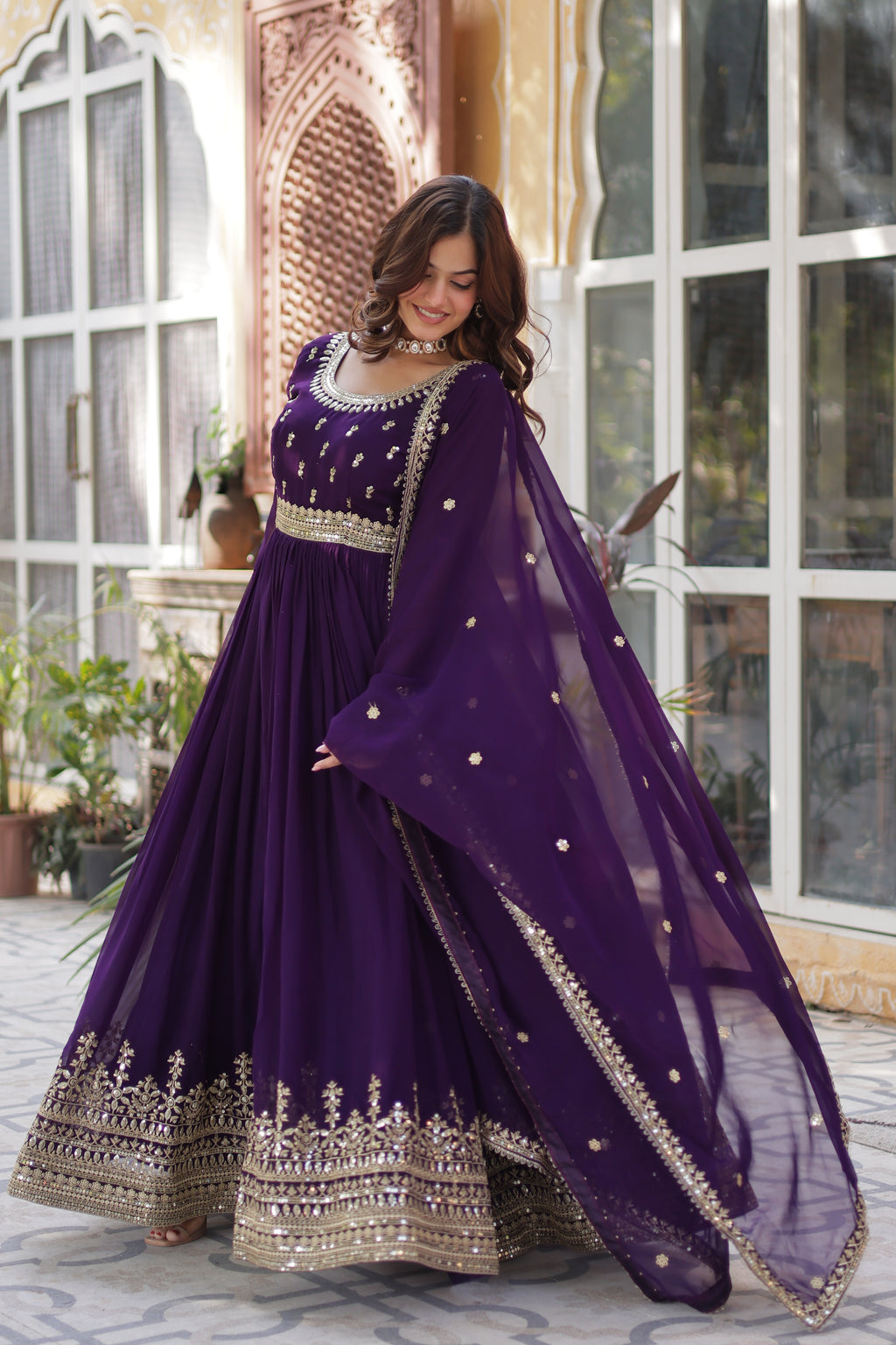 Faux Blooming Embroidered Gown With Dupatta