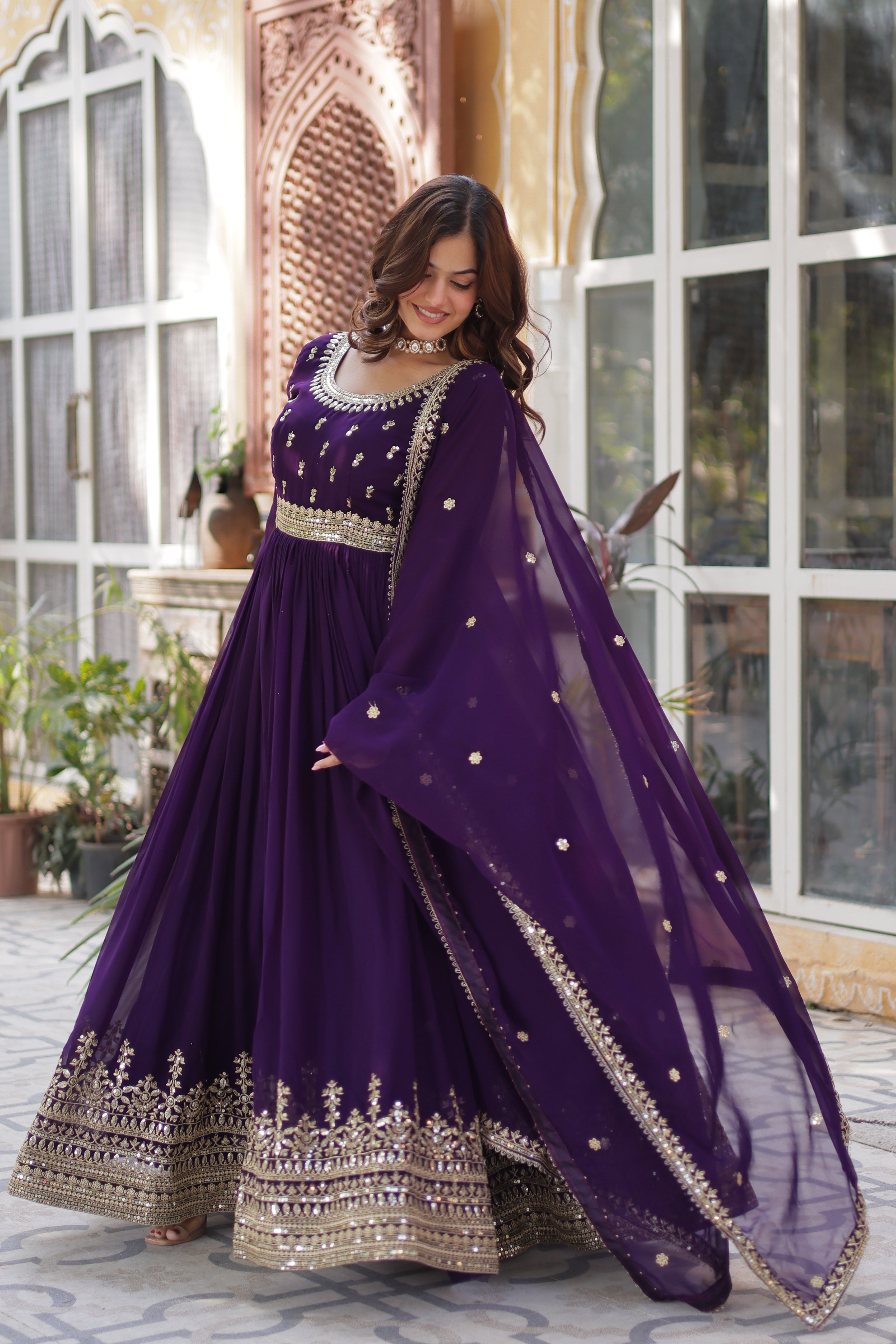 Faux Blooming Embroidered Gown With Dupatta