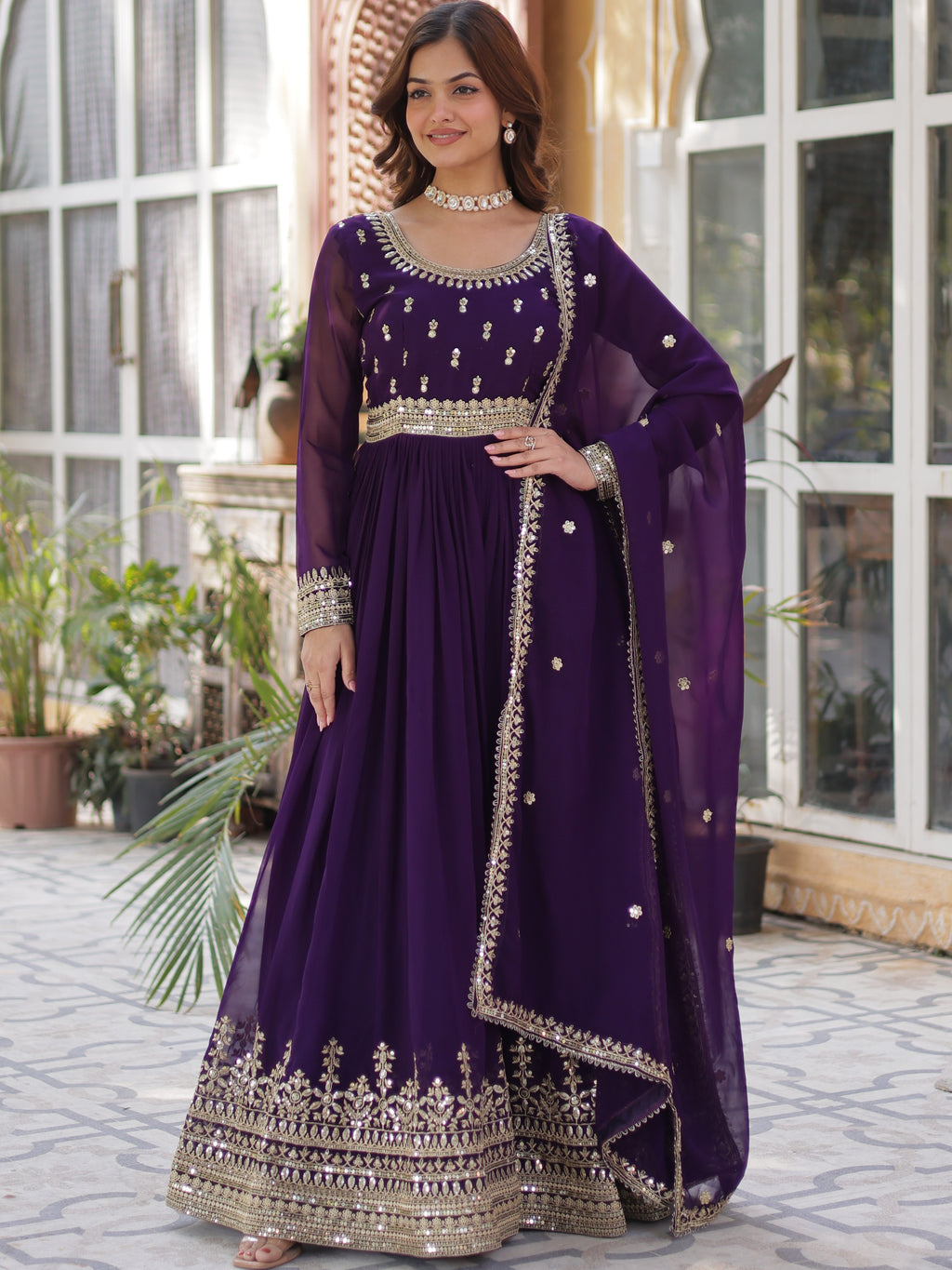 Faux Blooming Embroidered Gown With Dupatta