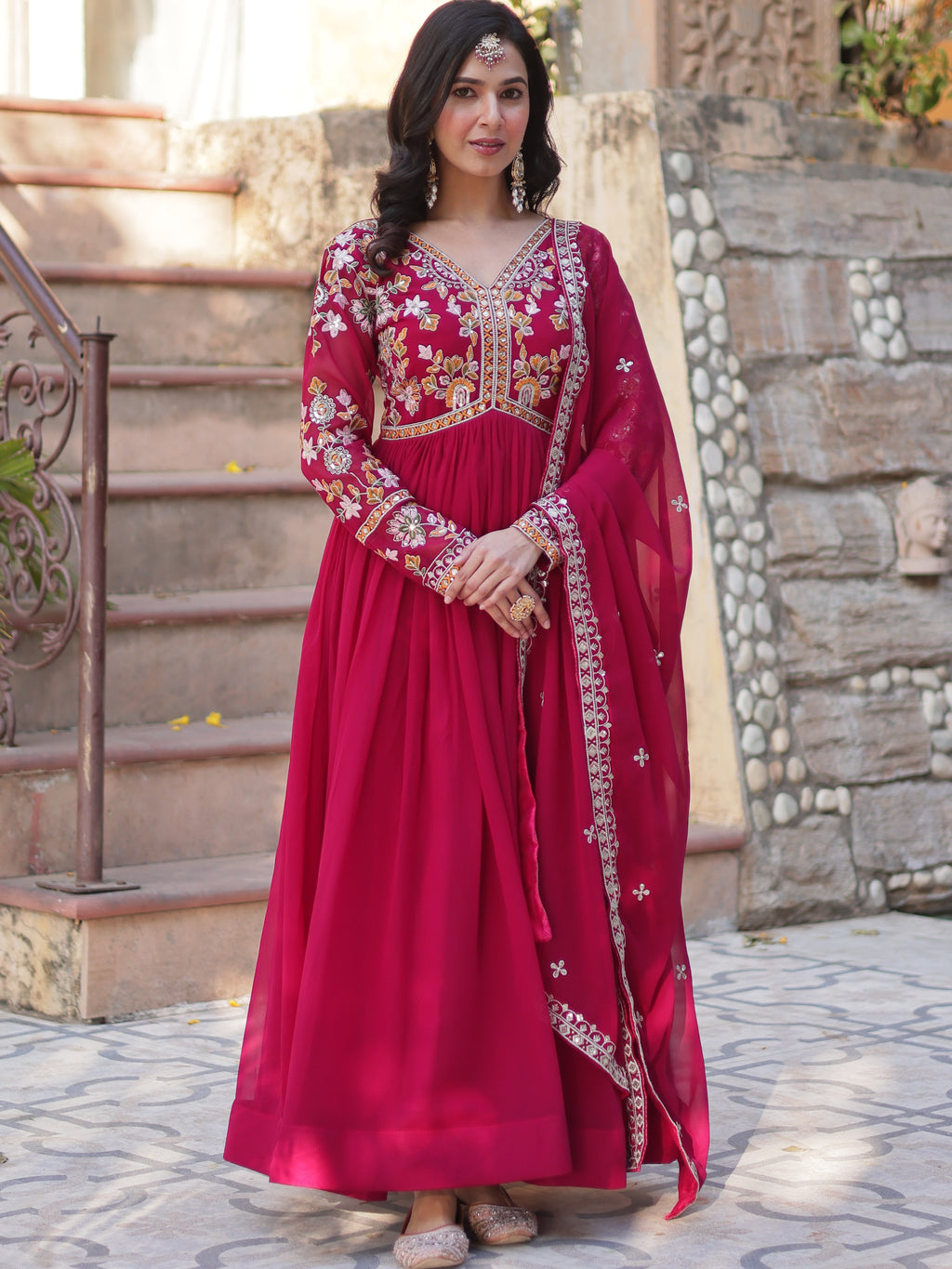 Faux Blooming Beads Embroidered Gown With Dupatta