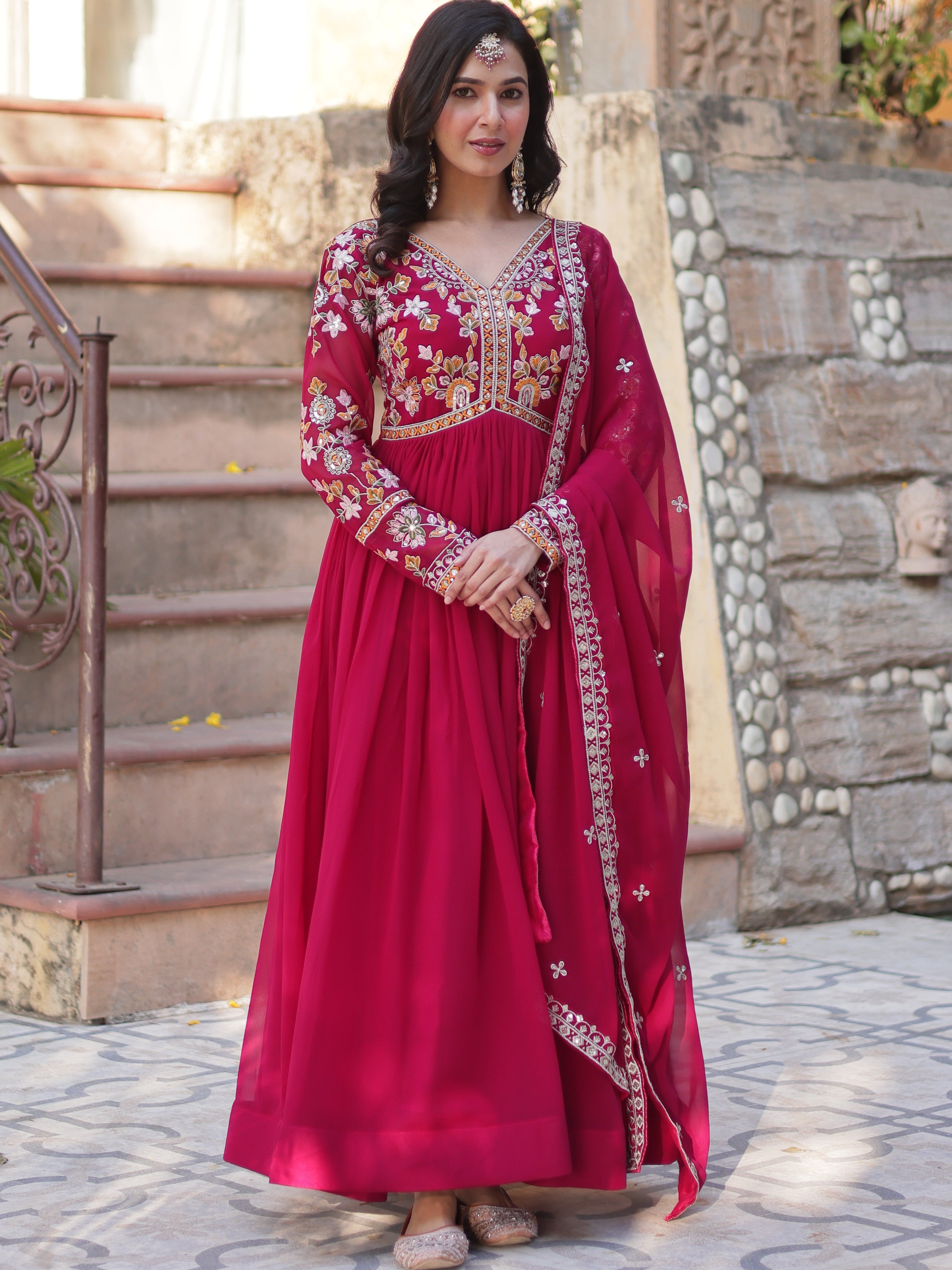 Faux Blooming Beads Embroidered Gown With Dupatta