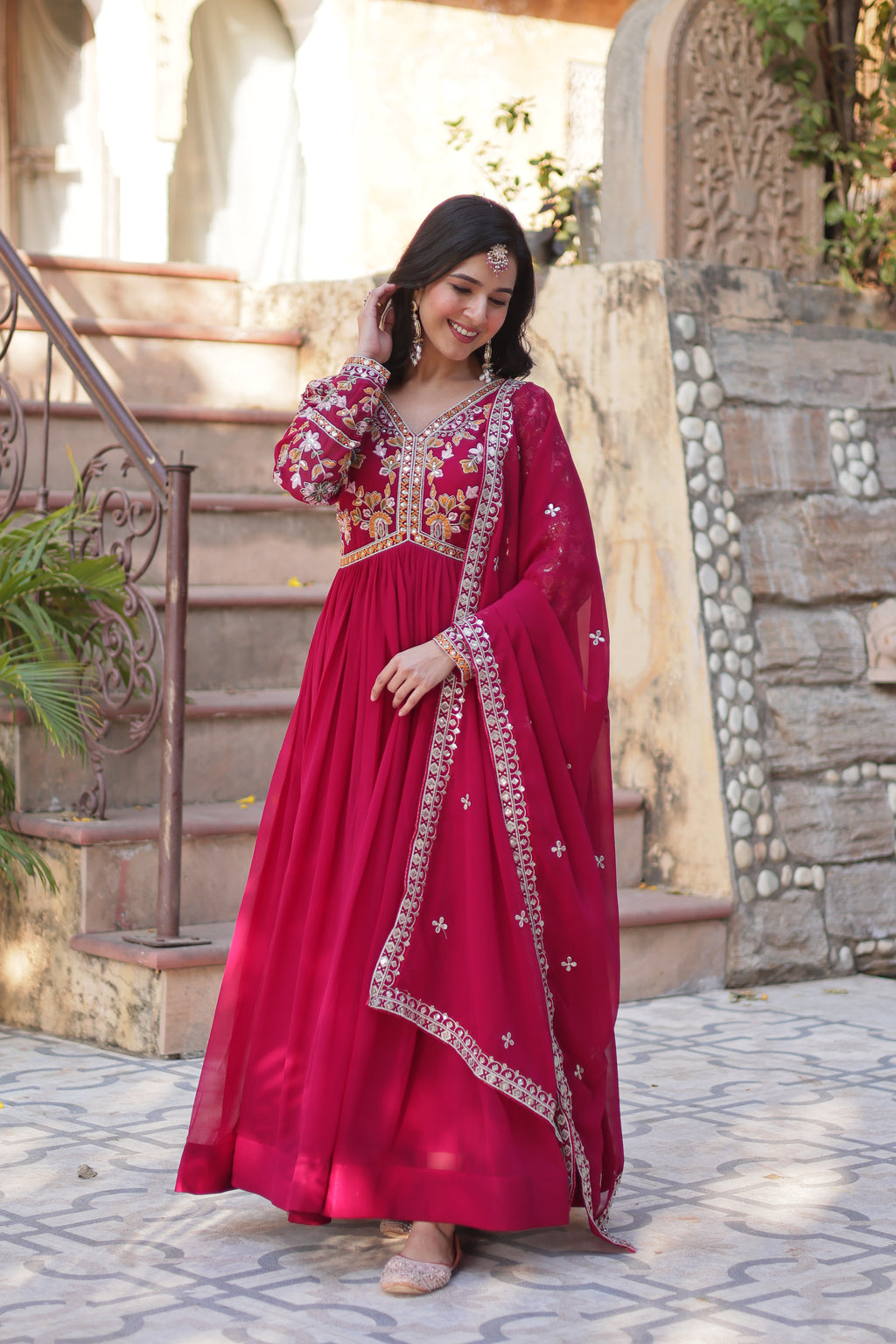 Faux Blooming Beads Embroidered Gown With Dupatta