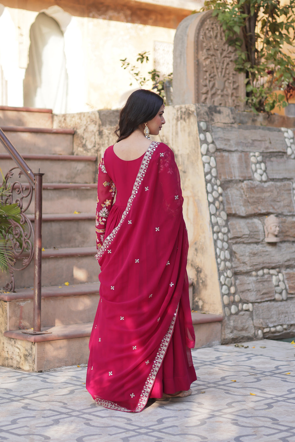Faux Blooming Beads Embroidered Gown With Dupatta