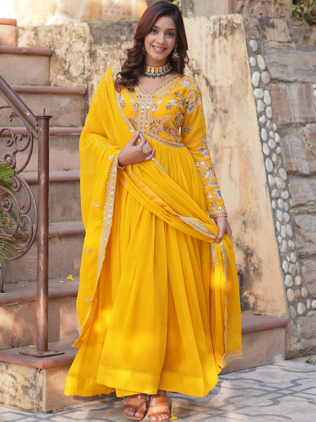 Faux Blooming Beads Embroidered Gown With Dupatta