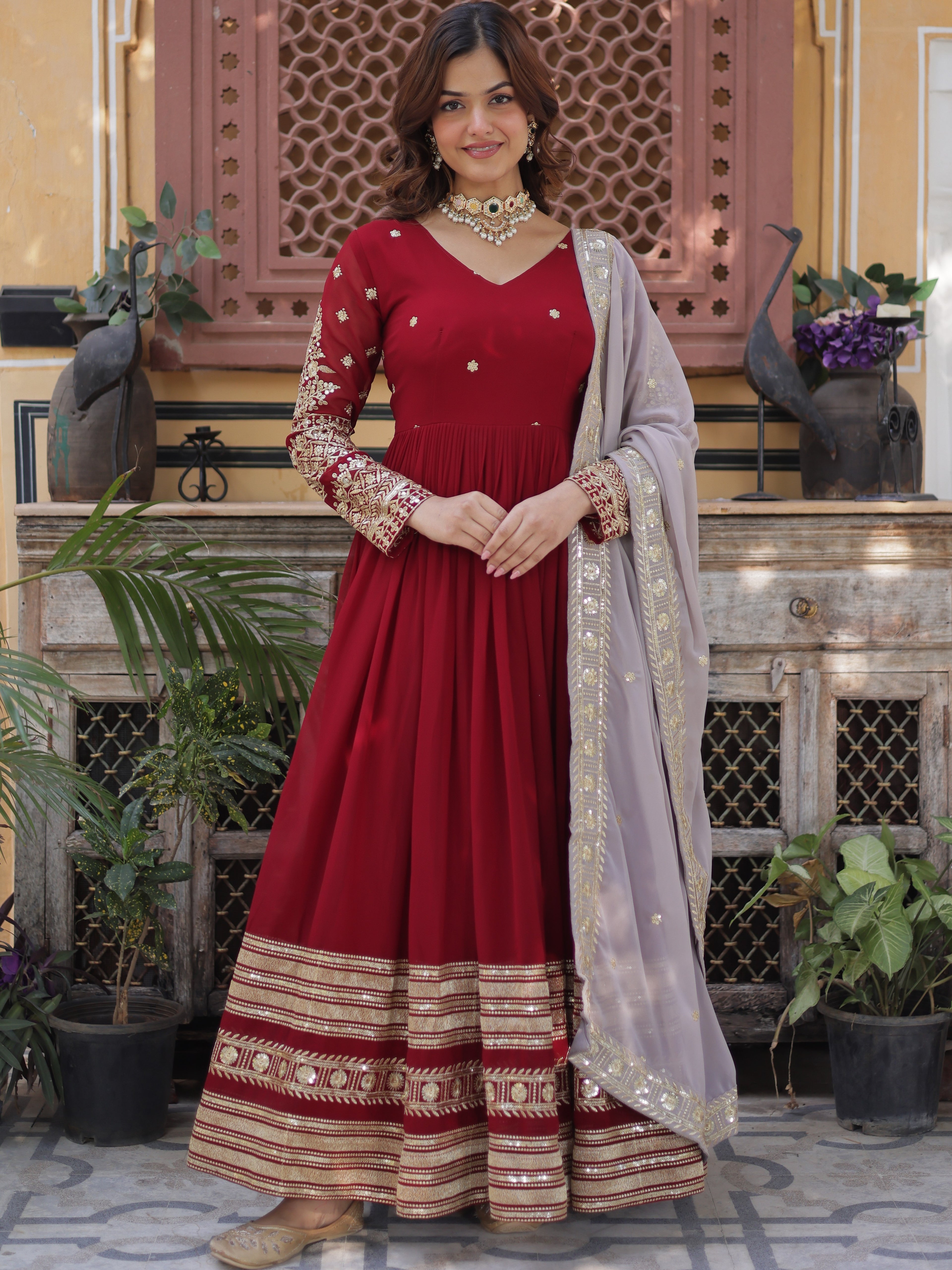 Faux Blooming Embroidered Gown With Georgette Dupatta