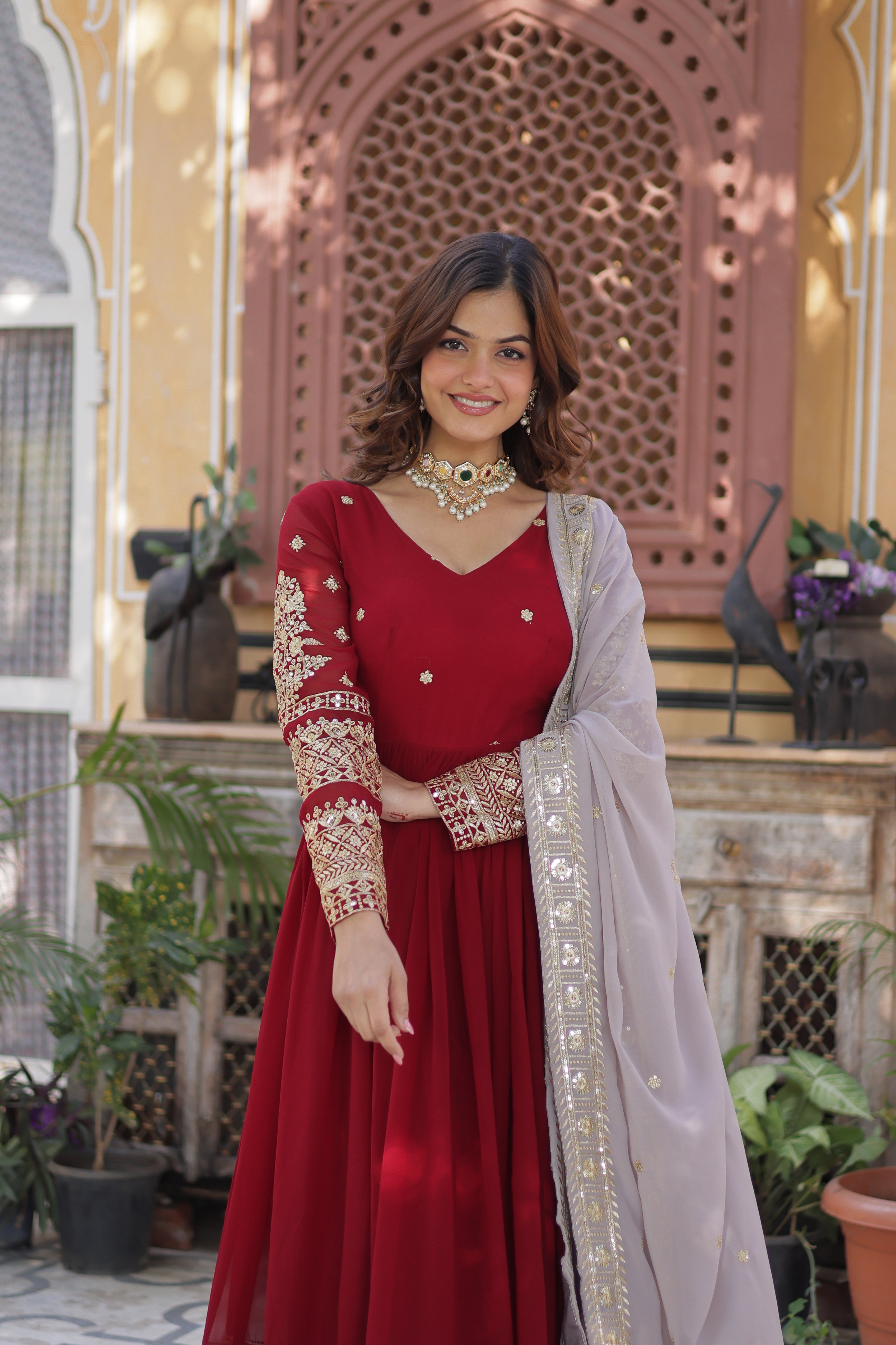 Faux Blooming Embroidered Gown With Georgette Dupatta