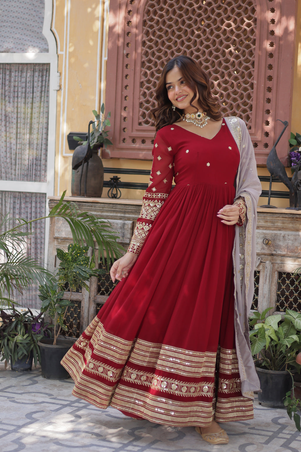 Faux Blooming Embroidered Gown With Georgette Dupatta