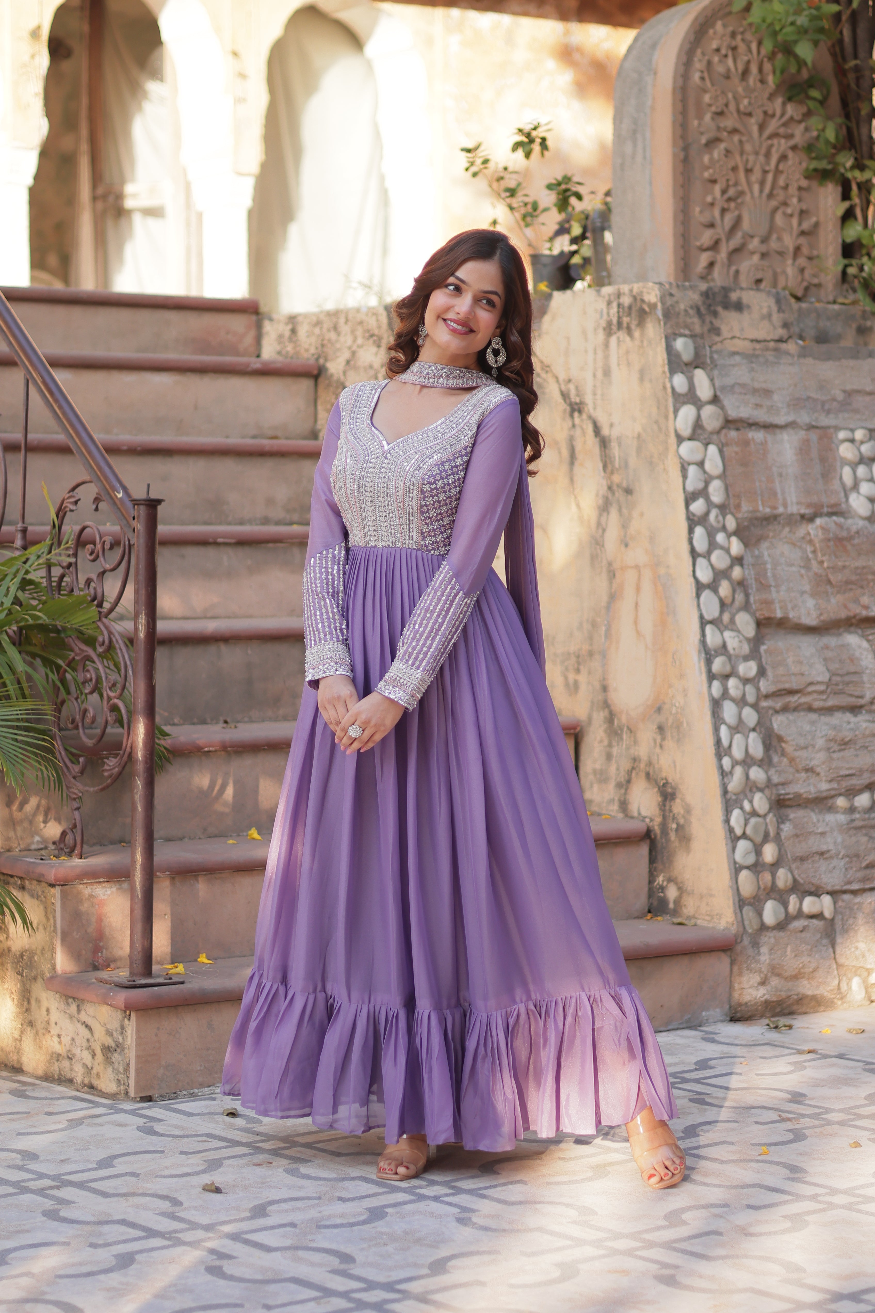 Star Georgette Embroidered Gown With Dupatta